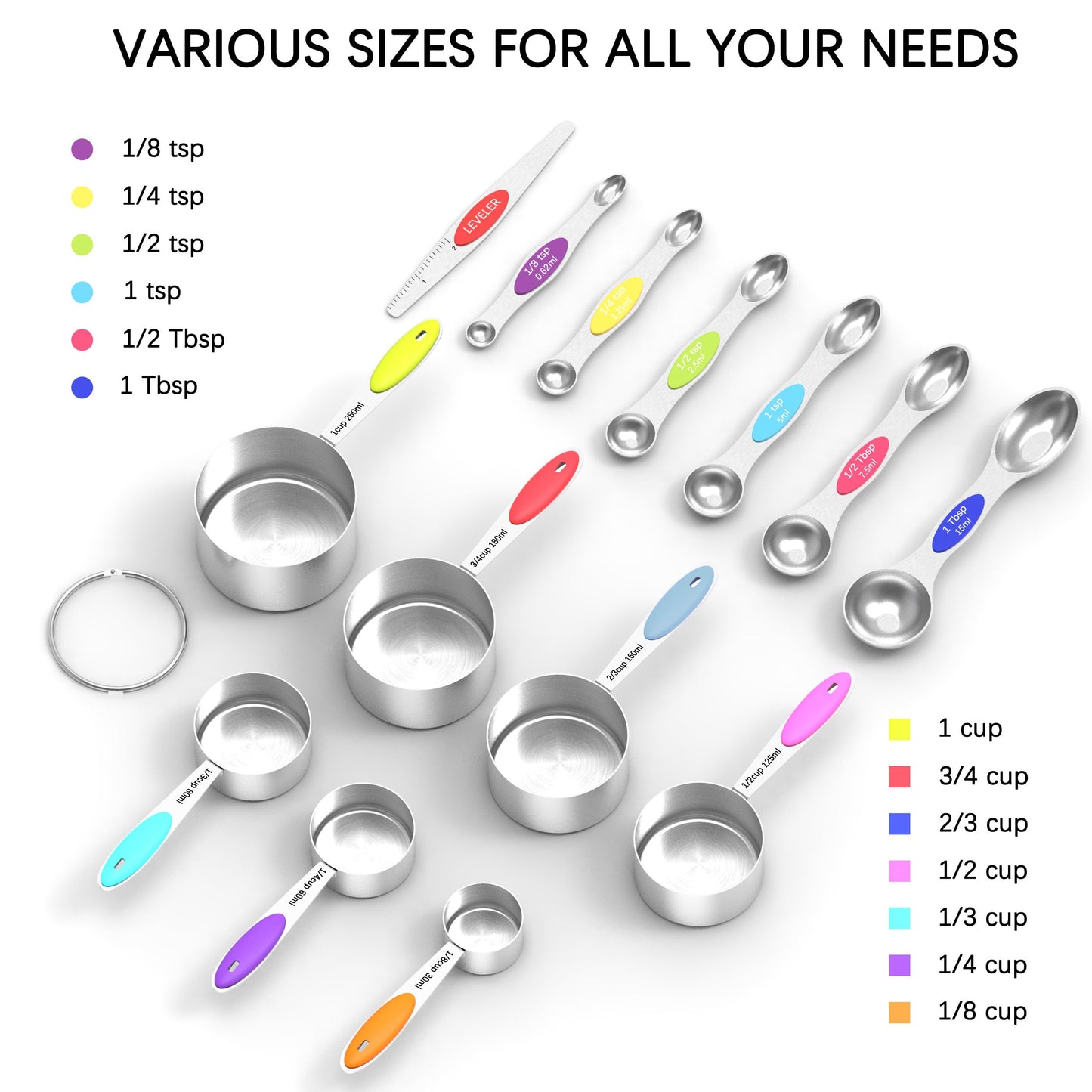 Magnetic Measuring Spoons Set and Measuring Cups Heavy Duty Stainless Steel Fits in Spice Jars for Baking & Cooking (14)