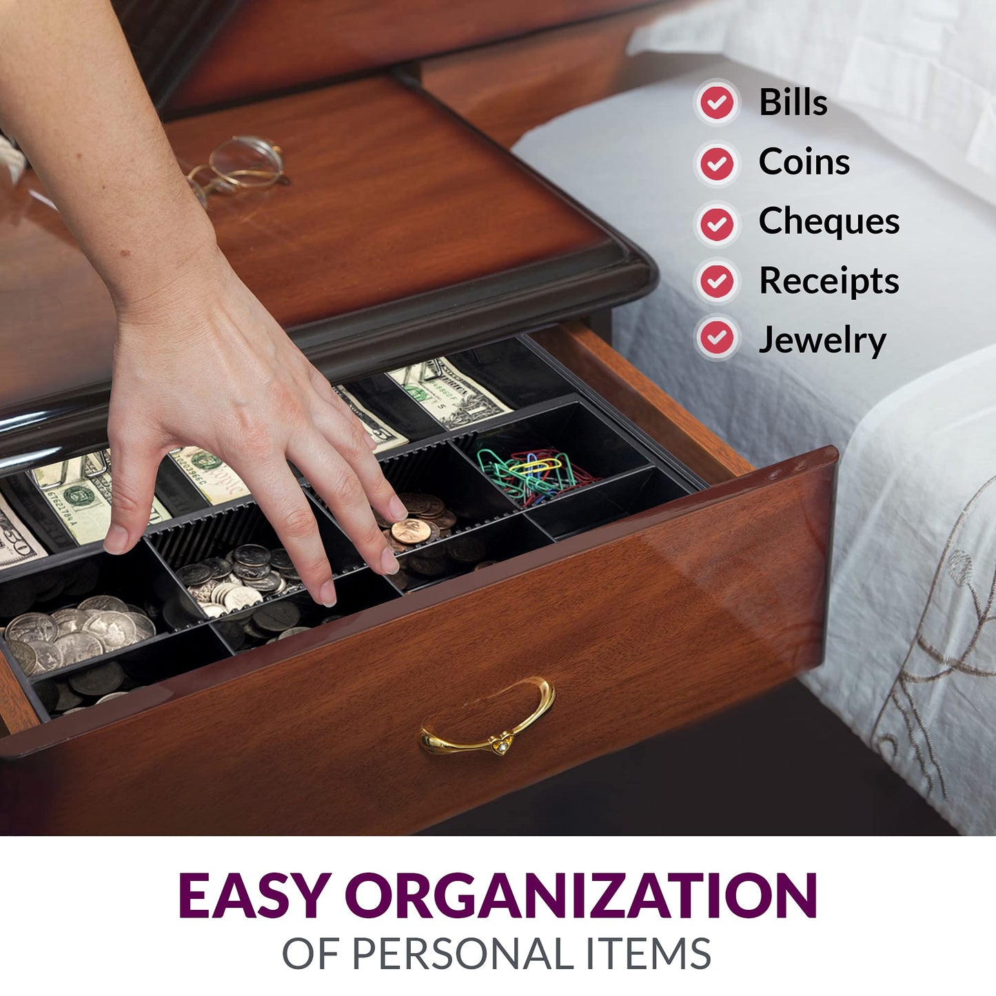 Volcora Cash Drawer Tray - 14.1 x 13 x 2.5 Inch Cash Register Insert - 5 Bill / 8 Coin Replacement Cash Tray - Stainless Steel Currency Compartment - 16" Cash Registers with Fully Removable Tray