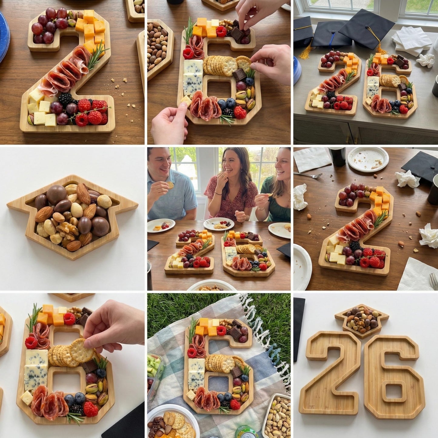 2026 Graduation Decorations - Table Centerpieces - 26 Numbers Charcuterie Board with Graduation Cap - Serving Tray Decoration for Kindergarten Preschool High School College Party Supplies