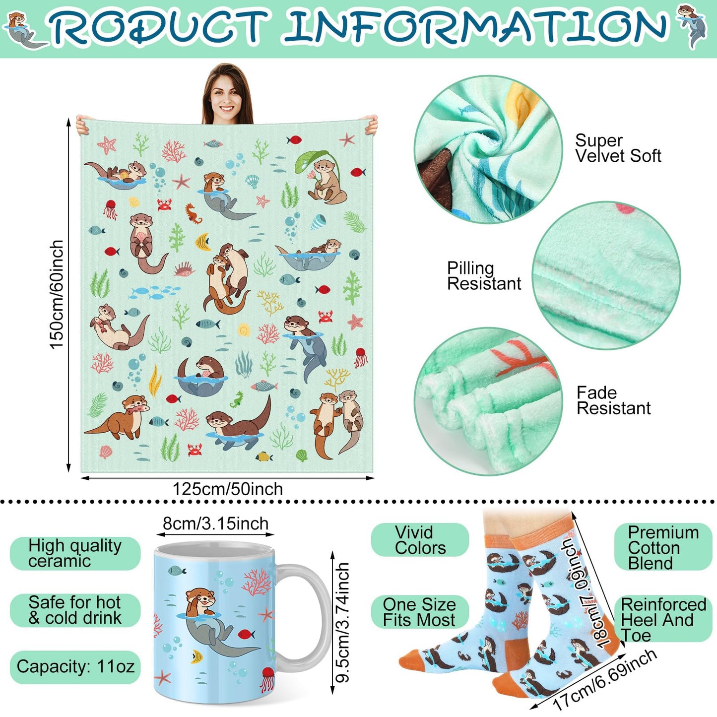 Potchen 8 Pcs Otters Gifts Set Including Blanket Socks Coffee Mug Tote Bag Cosmetic Bag Sticky Notes Set Plush Keychain Bracelet Graduation Birthday Gifts for Otter Sea Animal Lovers Men Women