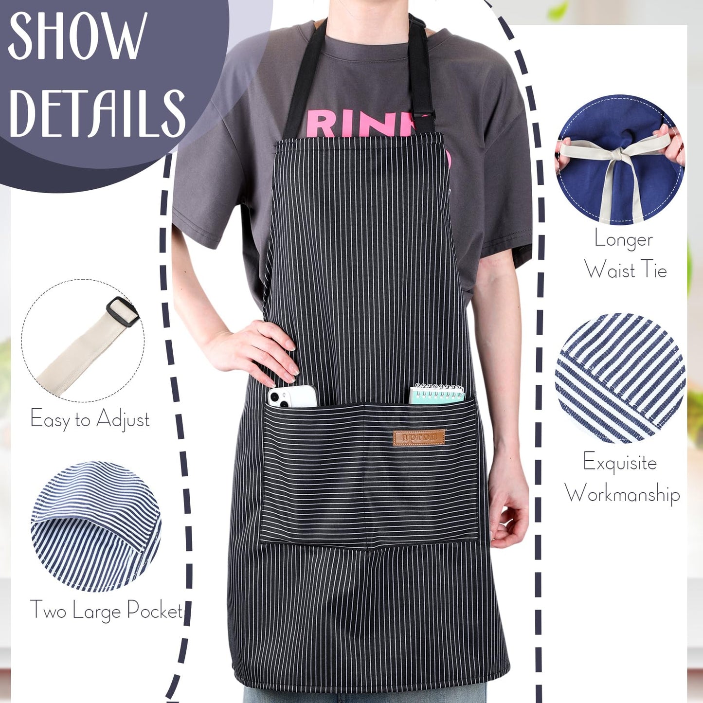Handepo 12 Pcs Cotton Aprons for Women Men with Pockets Soft Adjustable Bib Stripe Aprons for Cooking Kitchen Chef(Black,Thin Stripes)