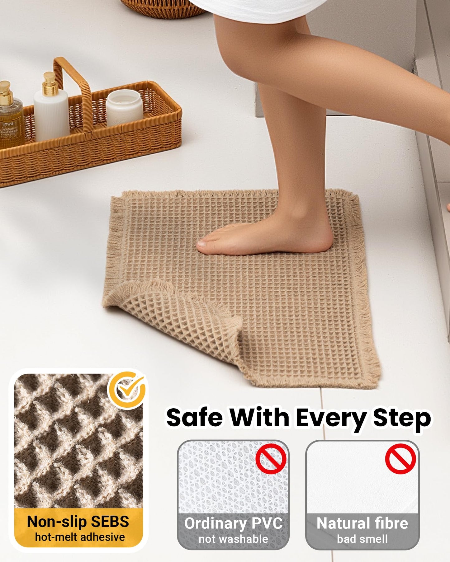 Furicher Large Waffle Bath Mat Set, Non Slip Bath Rug Set, Ultra Absorbent Bath Mats for Bathroom Decor, Extra Soft Floor Kitchen Rugs Sets 2 Piece, Washable Bath Runner Rug, Brown, 20"×47" & 16"×24"