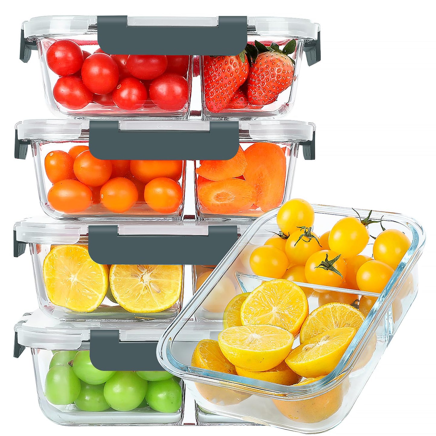 KOMUEE 30 oz 5 Pack Glass Meal Prep Containers 2 Compartments, Glass Food Storage Containers with Lids, Airtight Lunch Box, Microwave, Oven and Freezer Safe