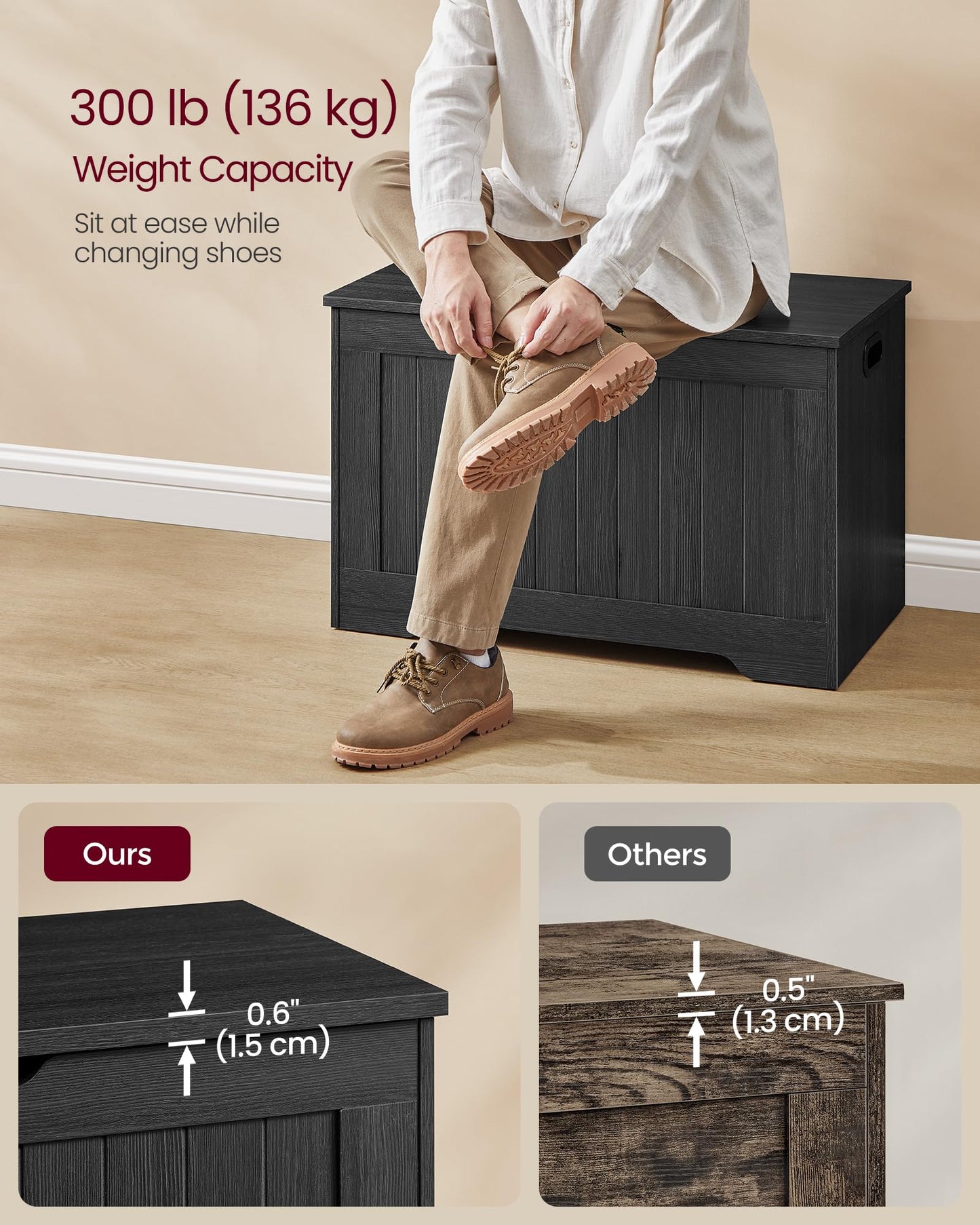VASAGLE Storage Chest, 29.9 Inches Width Storage Bench, Entryway Bench with 2 Safety Hinges, Shoe Bench, Farmhouse Style, for Entryway, Bedroom, Living Room, Charcoal Gray ULHS011B02
