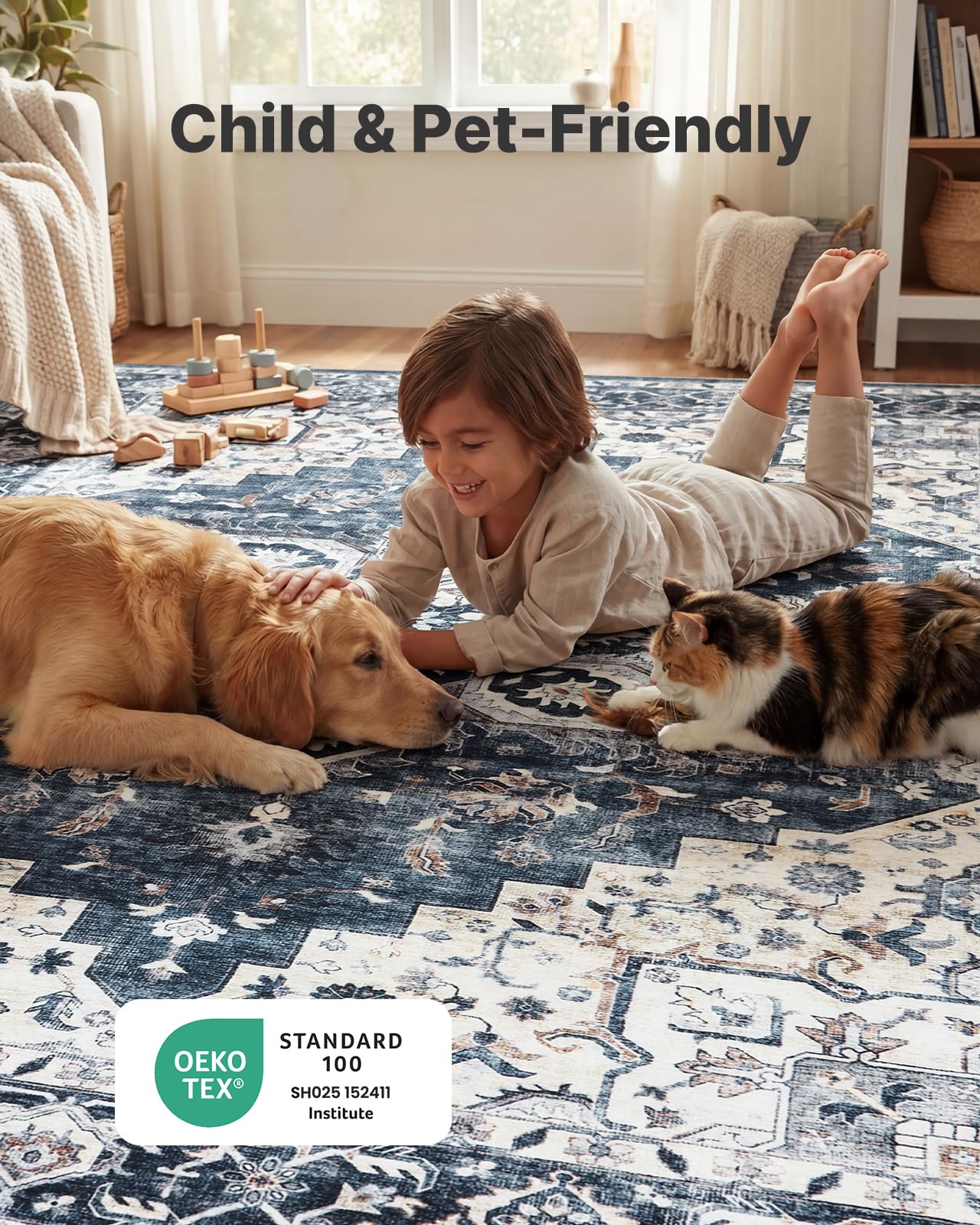 AMADA HOMEFURNISHING 5x7 Area Rugs, Washable Living Room Rug Low-Profile with Non-Slip Backing & Durable Edge Binding, Vintage 5x7 Rugs for Living Room, Bedroom, Dinning Room