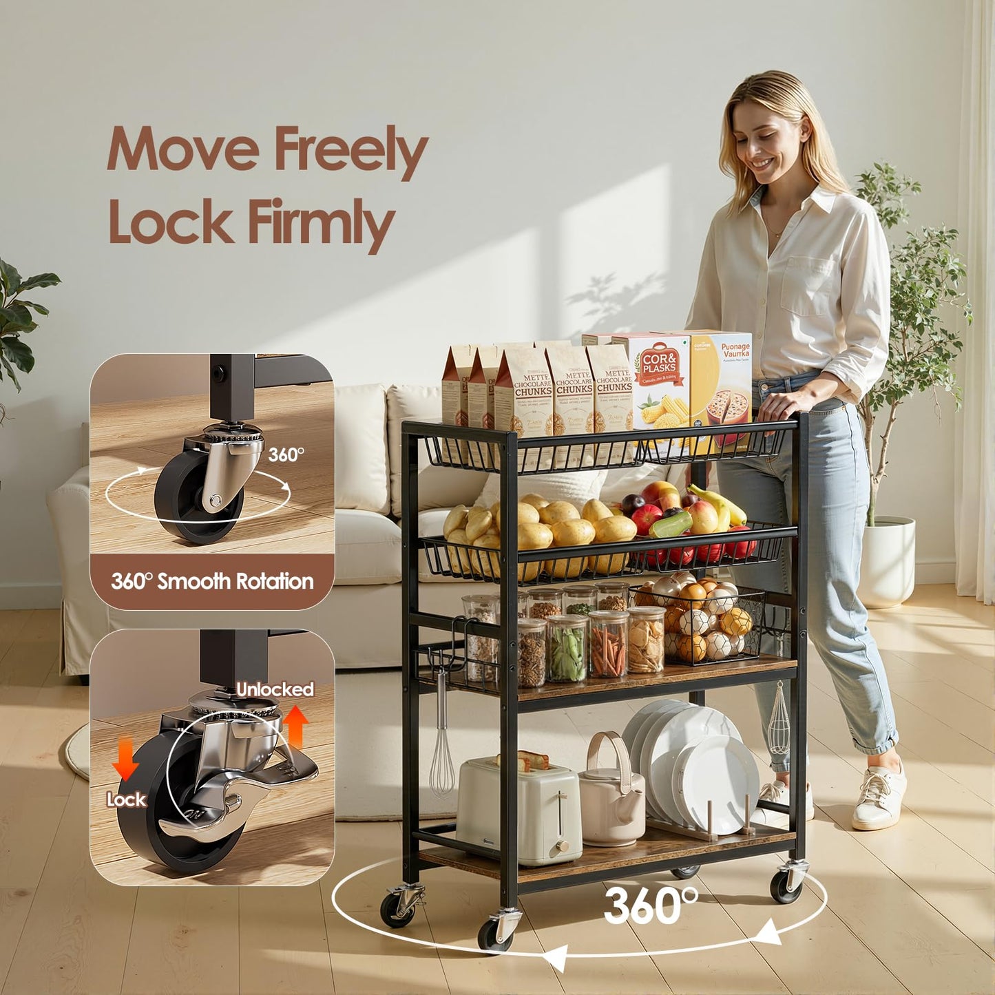 Kssiaz Fruit Vegetable Storage Cart, 4-Tier Rolling Kitchen Storage Cart, Fruit & Vegetables Basket Stand, Snack Organizer Shelf Unit for Kitchen, Bathroom, Living Room, Office, Balcony, Black