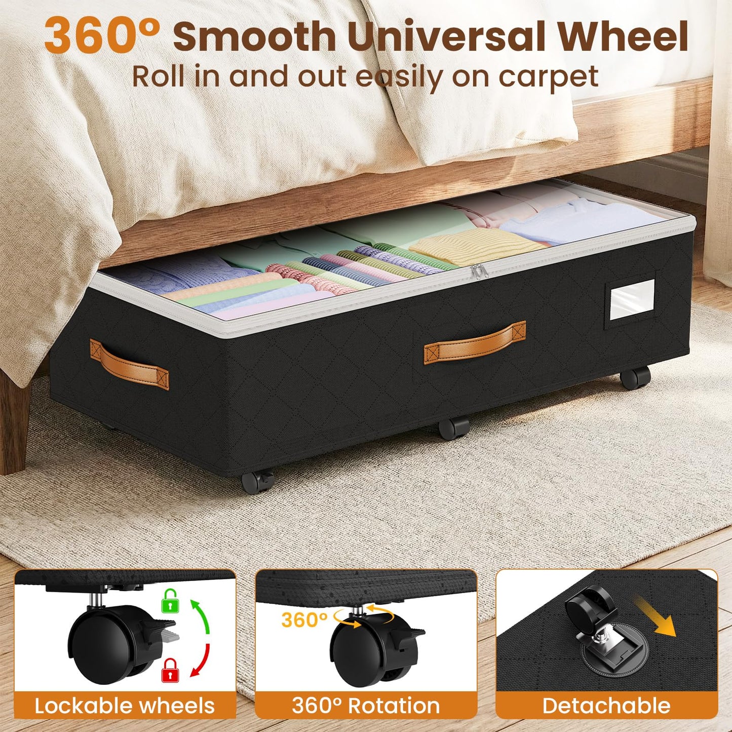 Budding Joy Under Bed Storage with Wheels 2Pack, 80L Height Adjustable Underbed Containers with Clear Lids, Rolling Under Bed Shoe Storage Organizer for Dorm Home Clothes, Blankets, Toys, Black