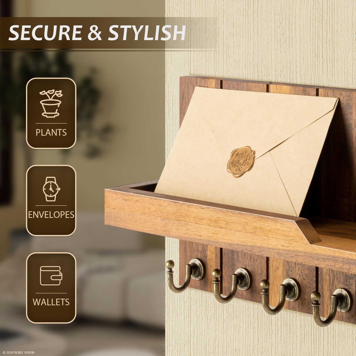 Rebee Vision Acacia Wood Key Holder Wall Mount for Home Decor - Key Holder for Wall with Floating Shelf for Hanging Coats & Hats - to Elevate Farmhouse Decor (Acacia Wood, 3.54''×15''×7.28'')