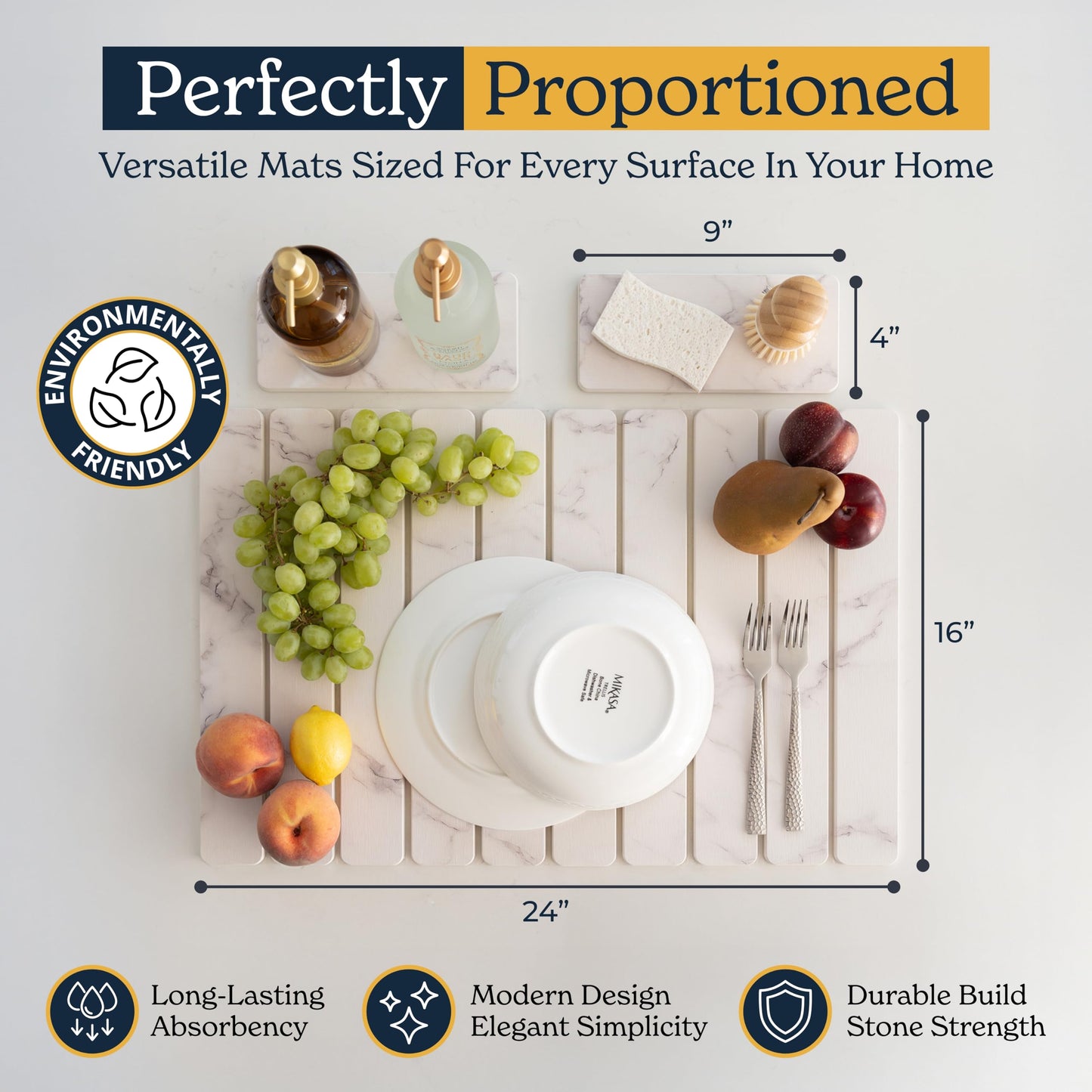 Oleex 3-Pack Stone Dish Drying Mat Set Includes 1 Large 24”x16” & 2 Small 4”x9” for Kitchen Counter-Collapsible Diatomaceous Earth Pad Absorbs Water & Dries Dishes Fast, Non-slip, Odor-Resistant Mats