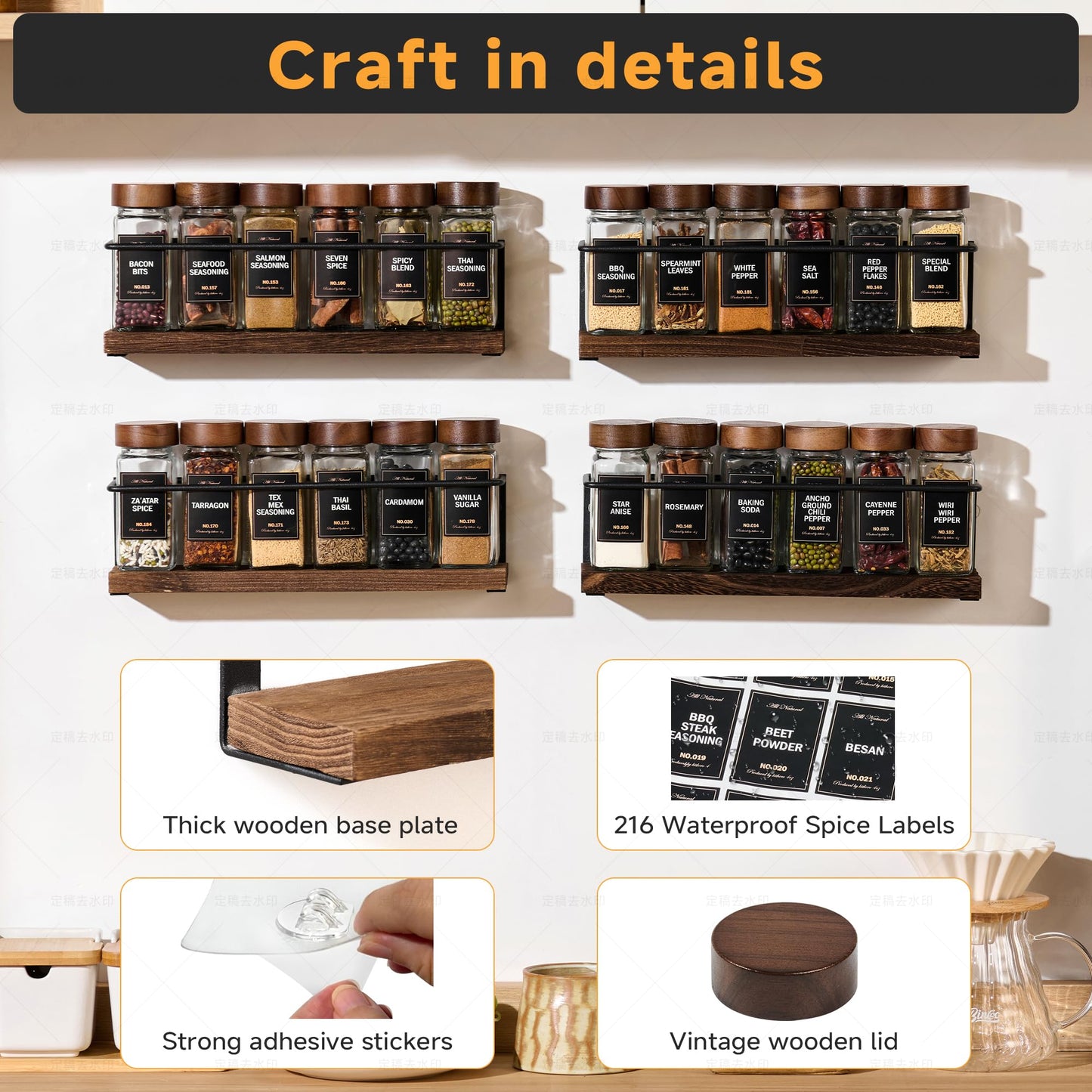 KitHero 4-Tier Wall Mount Spice Rack Organizer with 24 Glass Jars, 216 Labels & Funnel - Screw/Adhesive Mount, Black Metal & Wood Spice Storage for Kitchen Pantry Cabinet, 11.6”W x 2.4”D x 3.2”H