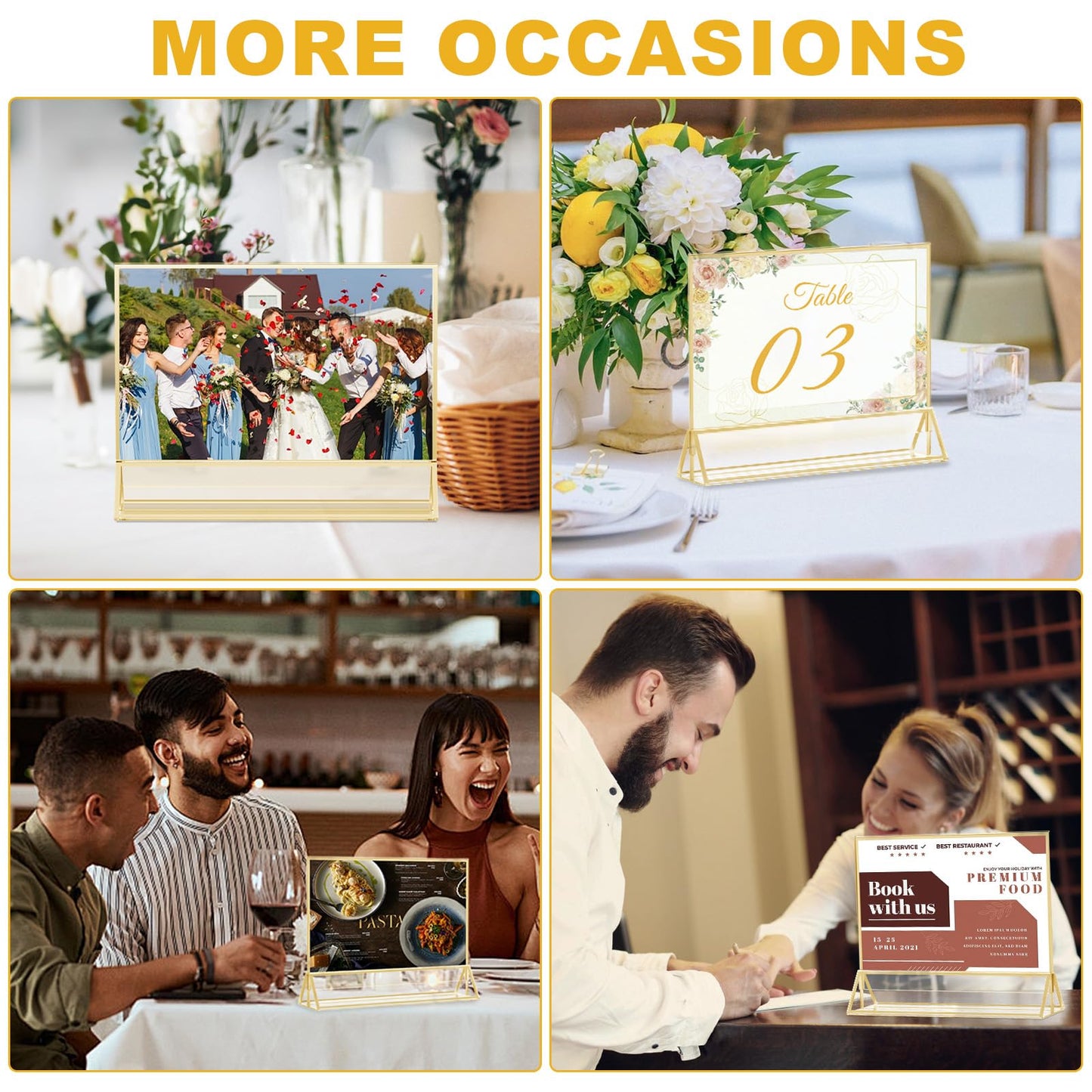 EHWINE 8 Pack Acrylic Sign Holder 8.5 x 11 Horizontal, Double-Sided Stand up Table Top Sign Holders, Gold Acrylic Picture Frame Menu Flyer Paper Holder Display Stand for Office Business Store Wedding Party