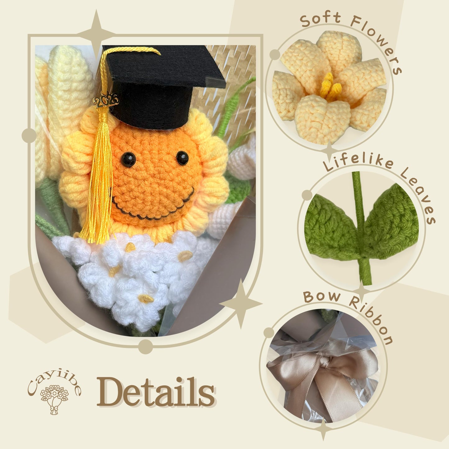Cayiibe Graduation Gifts Sunflower Crochet Flowers Bouquet with Greeting Cards Handmade Knitted Artificial Flowers Home Decor