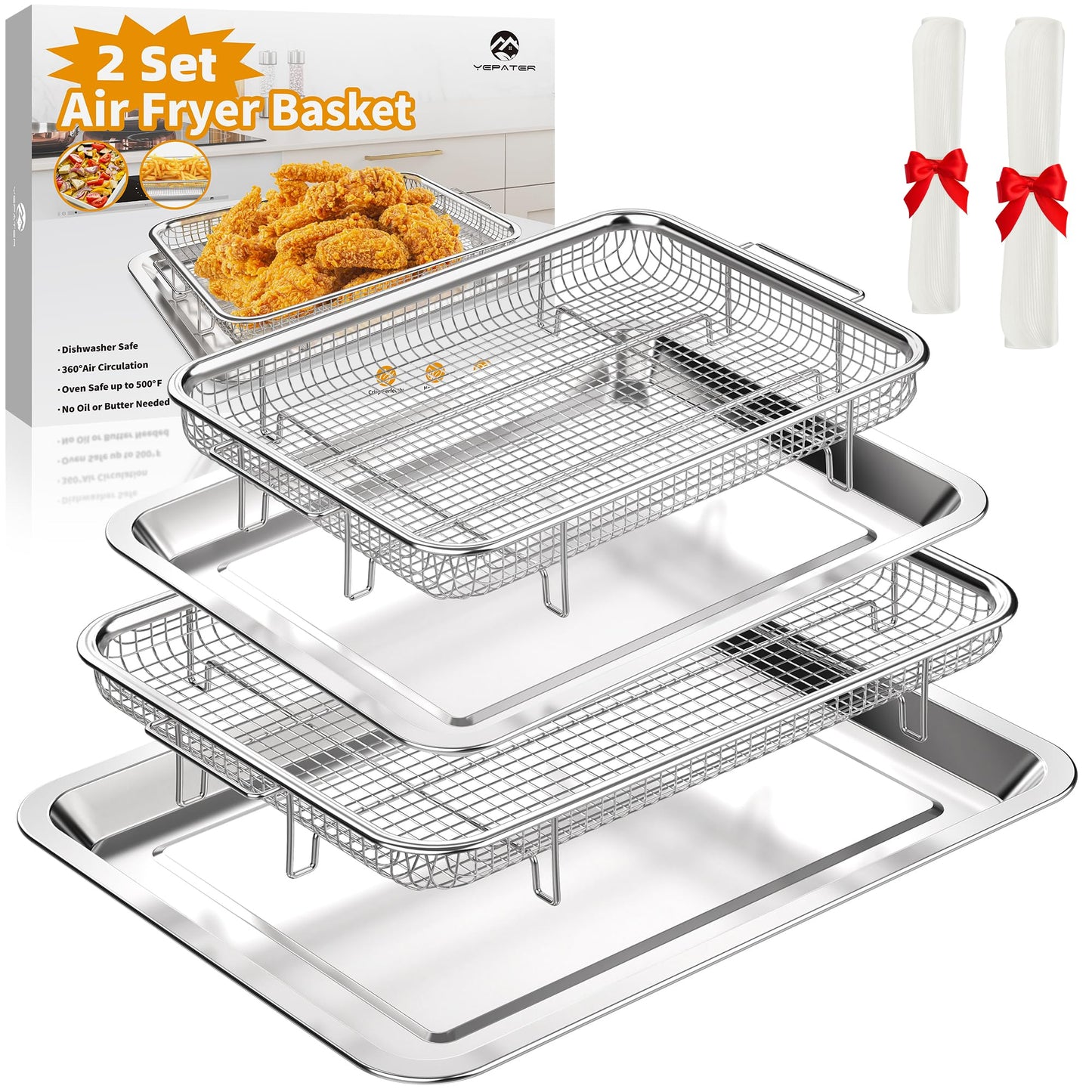 Air Fryer Basket for Oven, 2 Set Air Fryer Tray and Pan with 60PCS Parchment Papers, YEPATER Stainless Steel Air Fryer Pan and Crisper Tray for for Baking Grilling Cooking and Frying