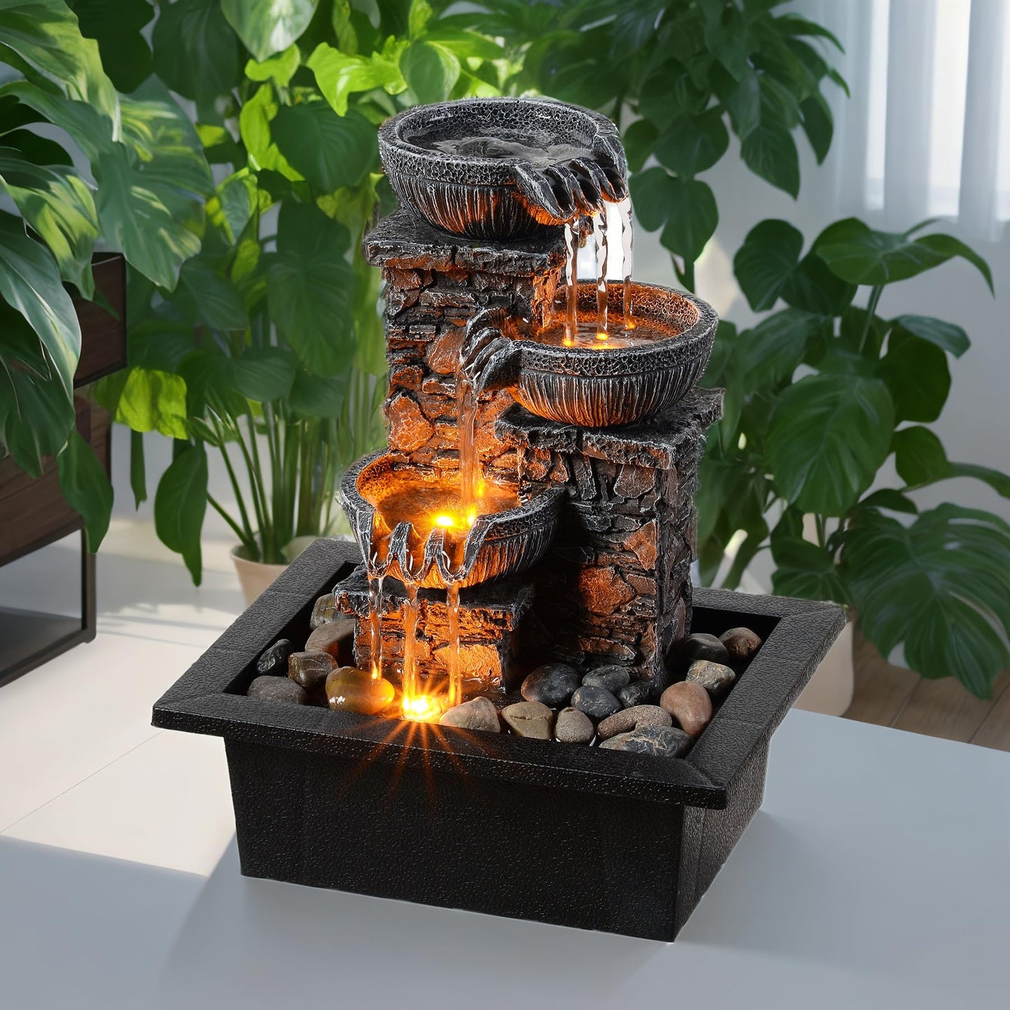 Kalona Tabletop Fountain 3 Bowls with LED Light Soothing Water Flowing Sound Fountain Zen/Meditation Home/Office Decor Home Décor Relaxation Indoor (23113)