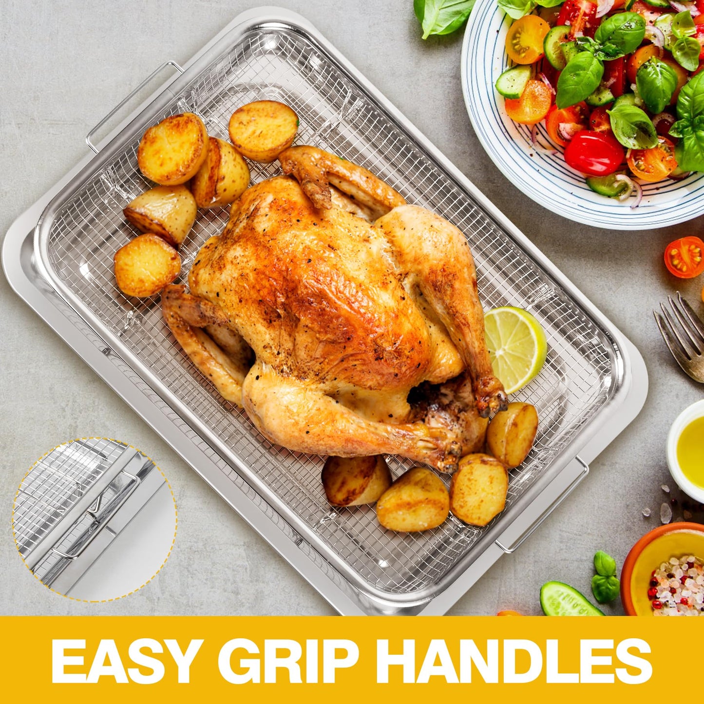 Extra Large Air Fryer Basket for Oven 18 x 12 Inch Stainless Steel, Oven Air Fryer Basket and Tray Set with 30 PCS Parchment Papers, Bacon Cooker Broiler Pan for Oven, Bakeware Sets Oven Rack-2 Piece