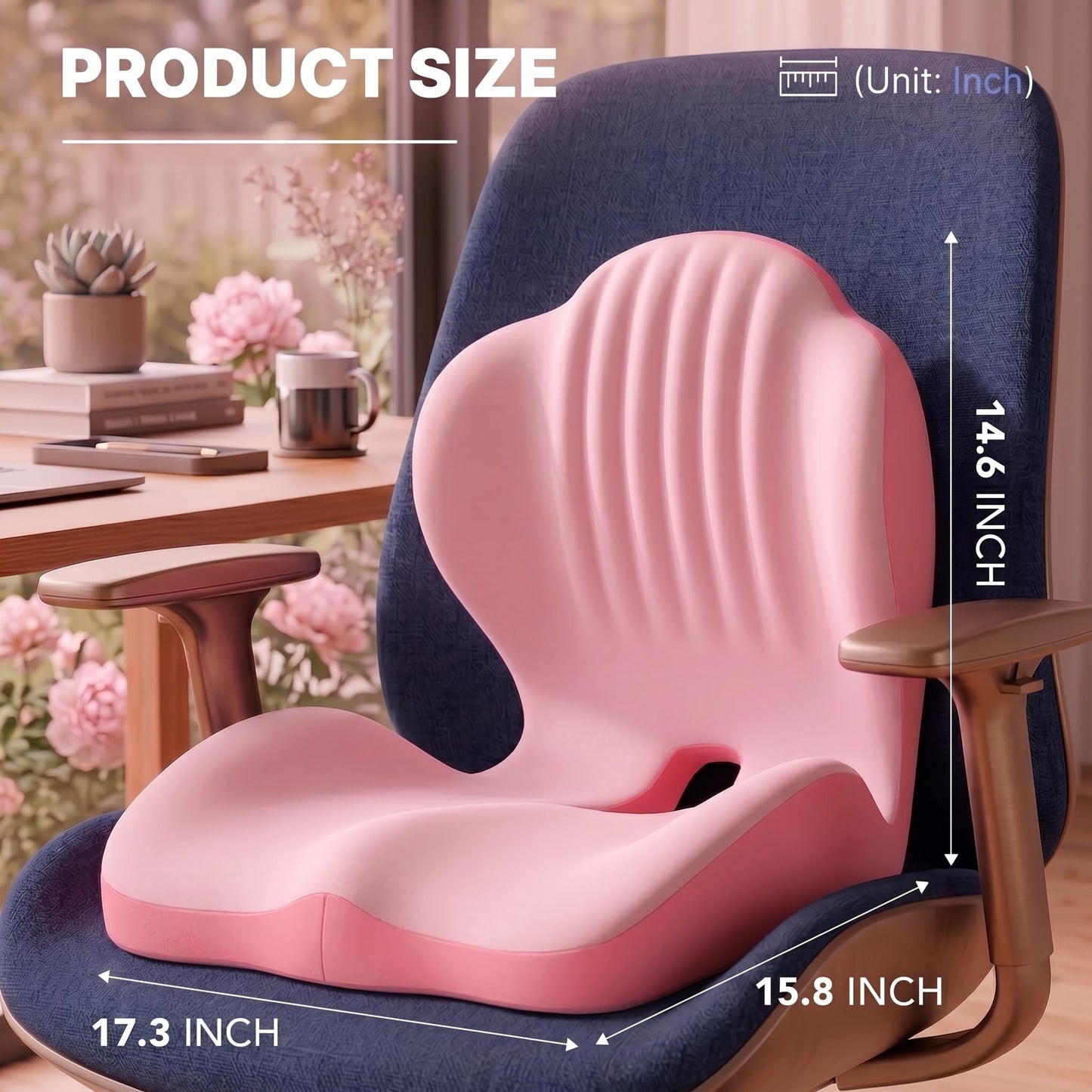 Ergonomic Office Chair Seat Cushion, L-Shaped Memory Foam Coccyx Cushion for Tailbone Pain Relief, Orthopedic Car Seat Cushion with Lumbar Support & Cutout Hollow for Sciatica & Back Pain (Pink)