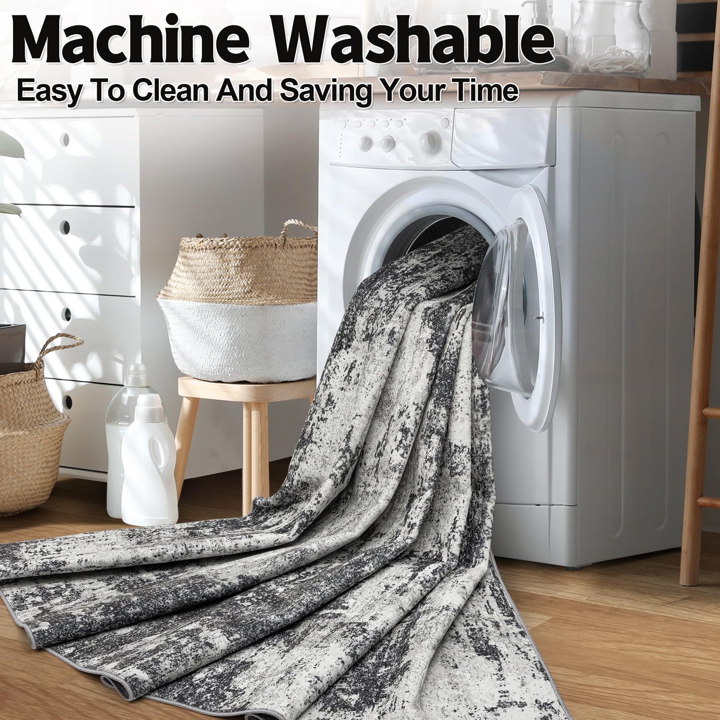 Area Rug Living Room Rugs: 5x7 Washable Rug with Anti-Slip Backing Non-Shedding Stain-Resistant Foldable Modern Abstract Carpet for Bedroom Dining Room Nursery Home Office - Black