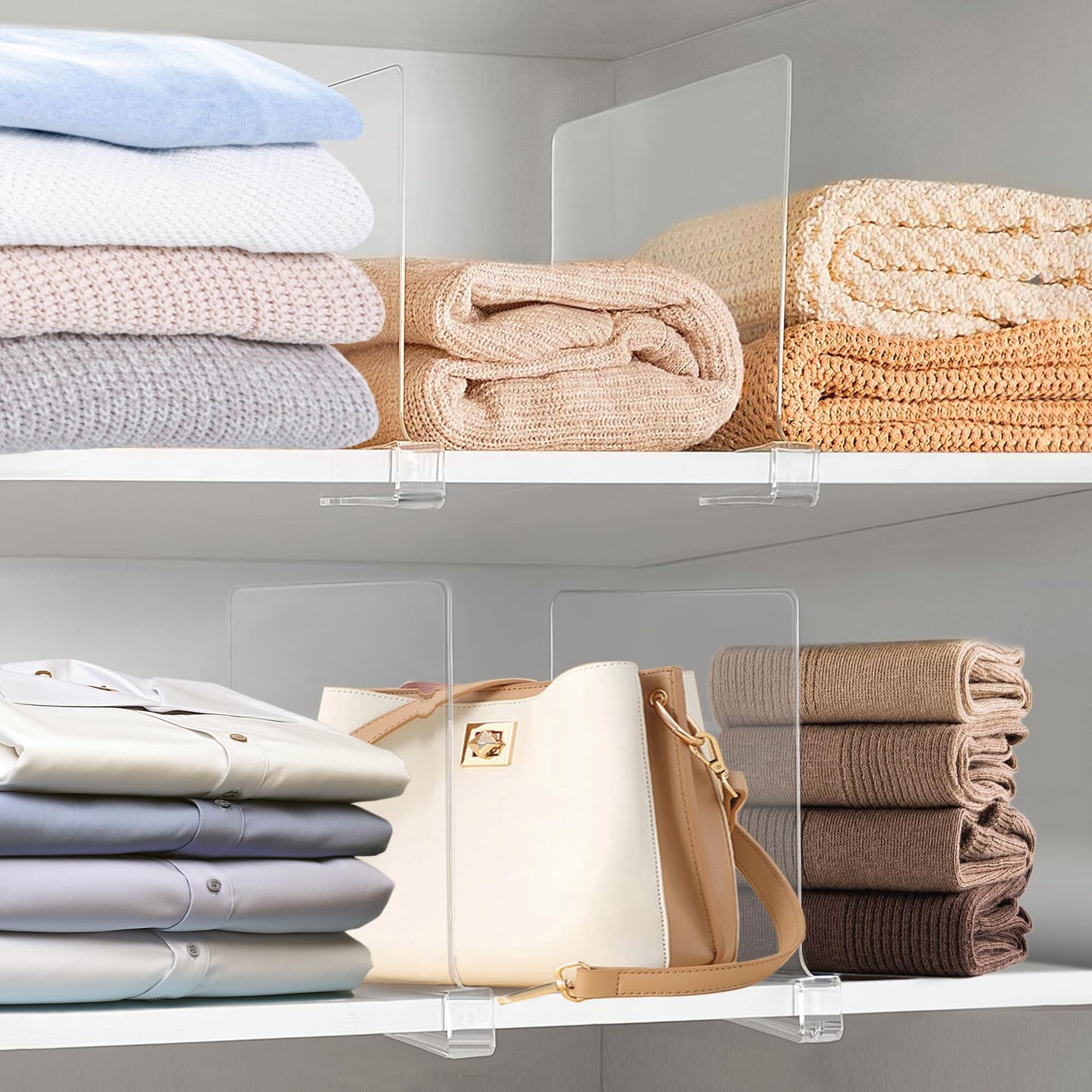 12 Inches [Extra Tall Version] Clear Shelf Dividers for Closet Organization and Storage, 6 Pack Purse Organizer for Closet Acrylic Adjustable Bookshelf for Organization, Perfect for Sweater, Clothes