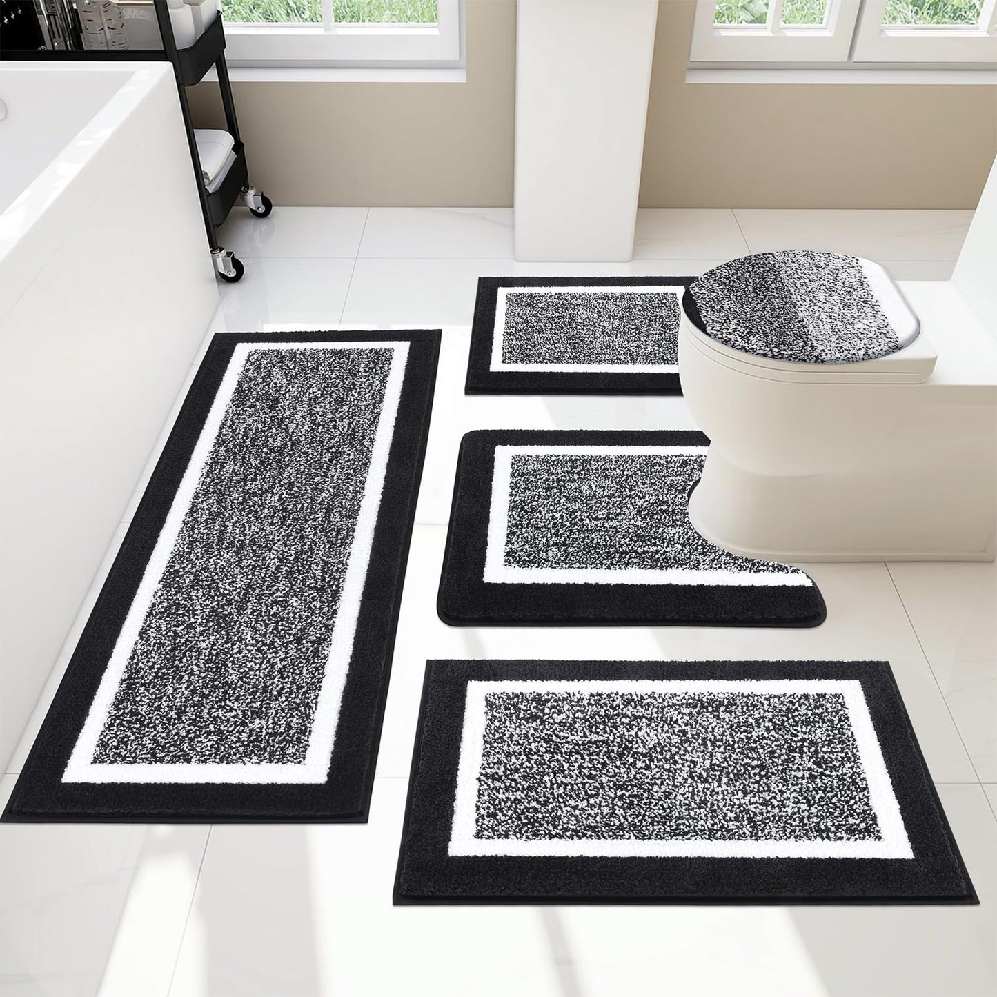 Pauwer Bathroom Rugs Set 5 Piece, Plush Absorbent Microfiber Bath Mats for Bathroom, Non Slip Washable Bath Rug Set with U Shaped Contour Toilet Rugs, Shower Rug and Toilet Lid Cover, Black