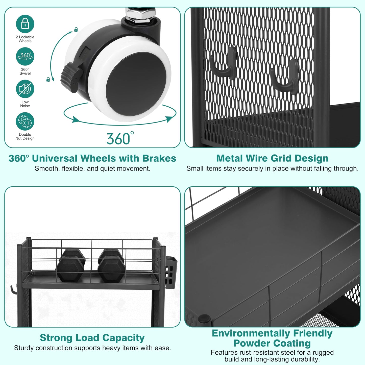 3-Tier Rolling Storage Cart Metal Utility Cart with Wheels, Office Organizer with Hanging Cups, Hooks, Book Snack Craft Mobile Shelving Unit for Office Kitchen Nursery