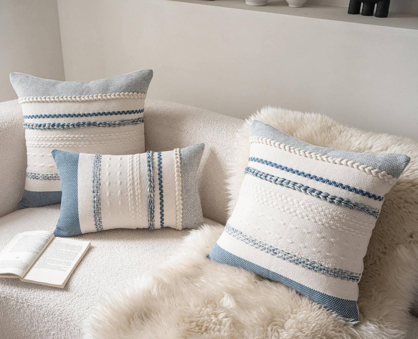 Cethom Boho Throw Pillow Covers 18x18 Inch Set of 2, Blue Textured Decorative Couch Pillow Cases for Farmhouse Home Decor, Accent Cushion Cover for Sofa, Bed, Living Room, Bedroom
