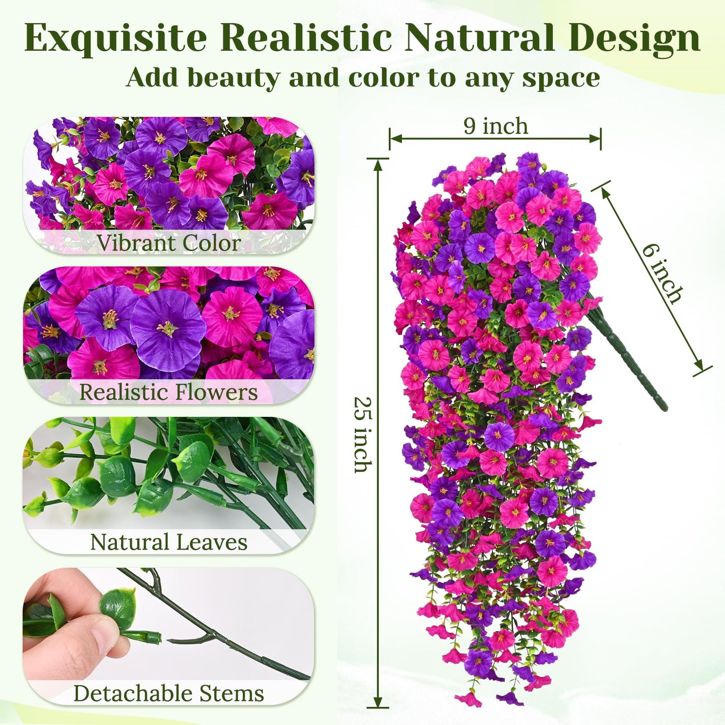 Dolicer 4 Packs Look Real Artificial Flowers for Outdoors, Fake Artificial Hanging Flowers for Outdoors Realistic UV Resistant Hanging Flowers Silk Petunia Faux Flowers for Porch Patio(Purple+Fuchsia)
