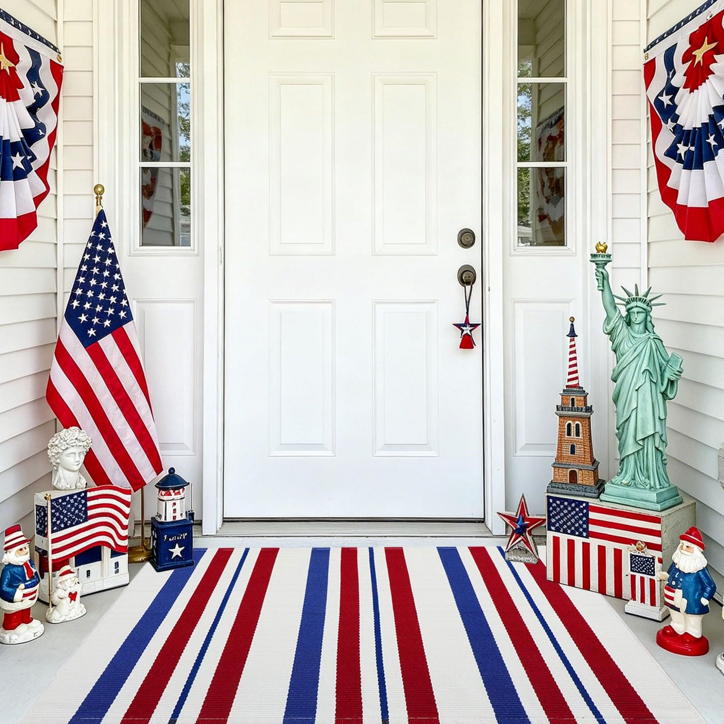 USA 250th Anniversary Patriotic Doormat, 2'4" x 3'7" Red White and Blue Striped Outdoor Rug, Washable Farmhouse Front Porch Welcome Mat for Memorial Day, 4th of July, and Independence Day Decor