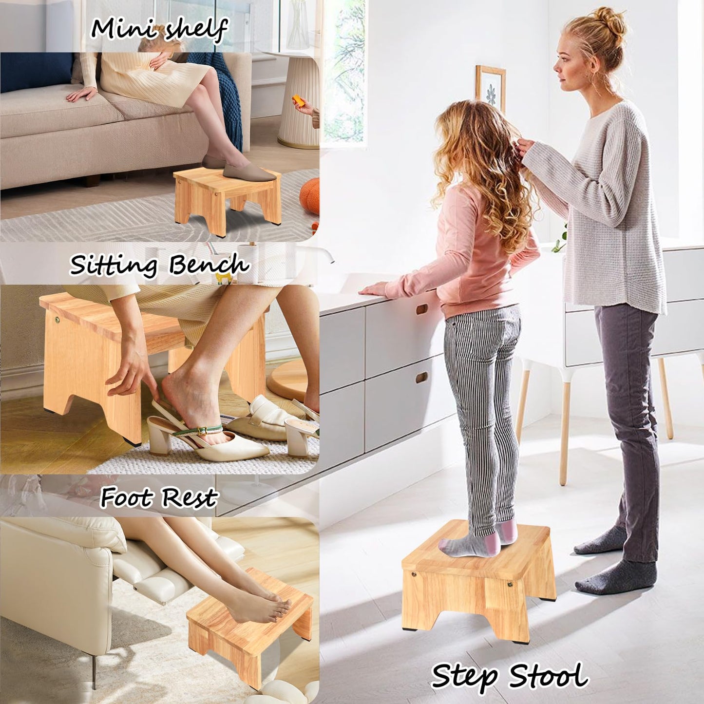 One Step Stool for Adults Seniors, 6.5" Heavy Duty Wooden Stepping Stools with 550 LBS Capacity for Bedroom Kitchen Bathroom, Bed Steps for High Beds, Bedside Support