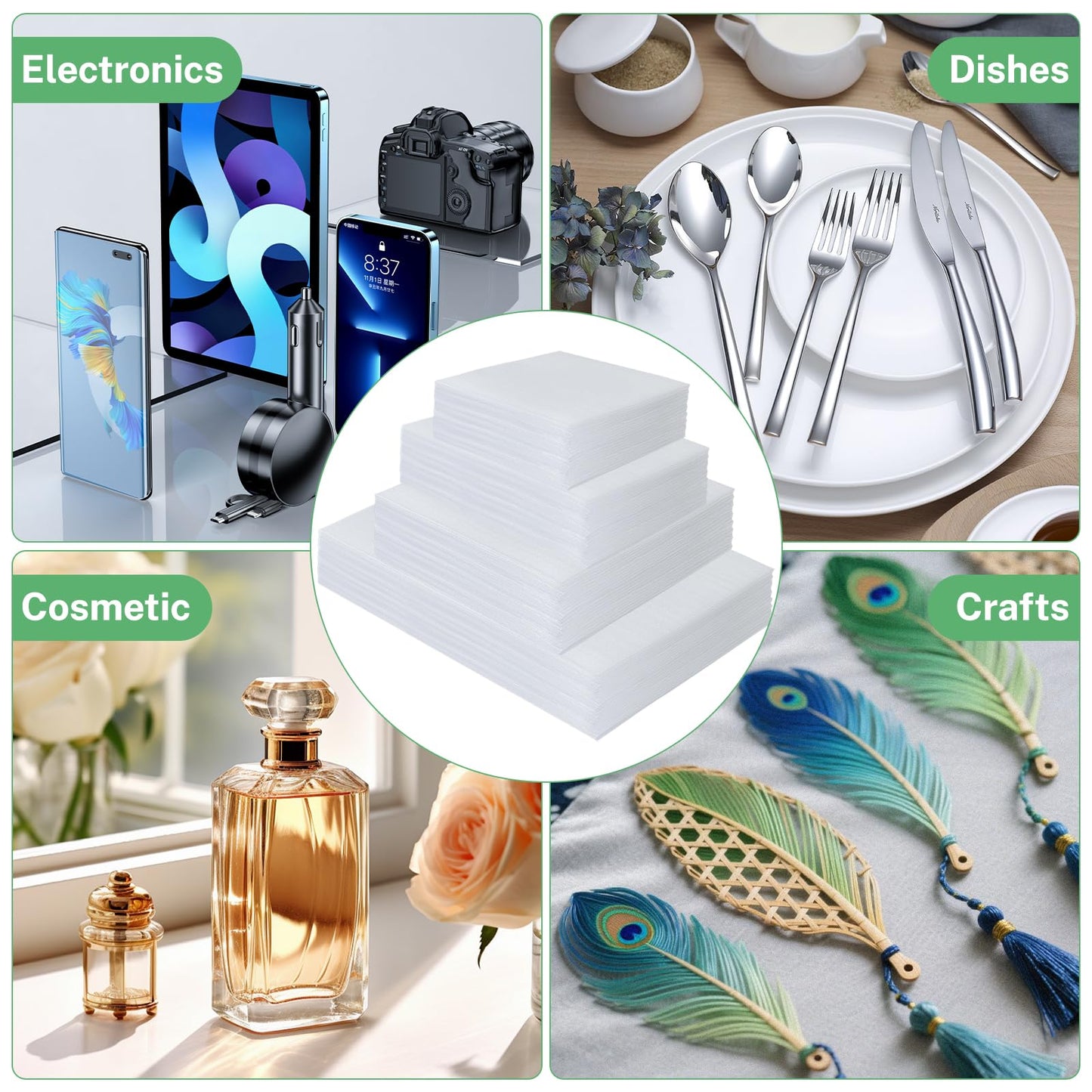 350 Pcs Dish Packing Supplies for Moving, 250 Cushion Foam Pouches(4 Sizes 16x12'',12x12'',12x8'',8x8'') and Foam Sheets(12x12'') with 100 Fragile Stickers for Packing,Storage,Shipping