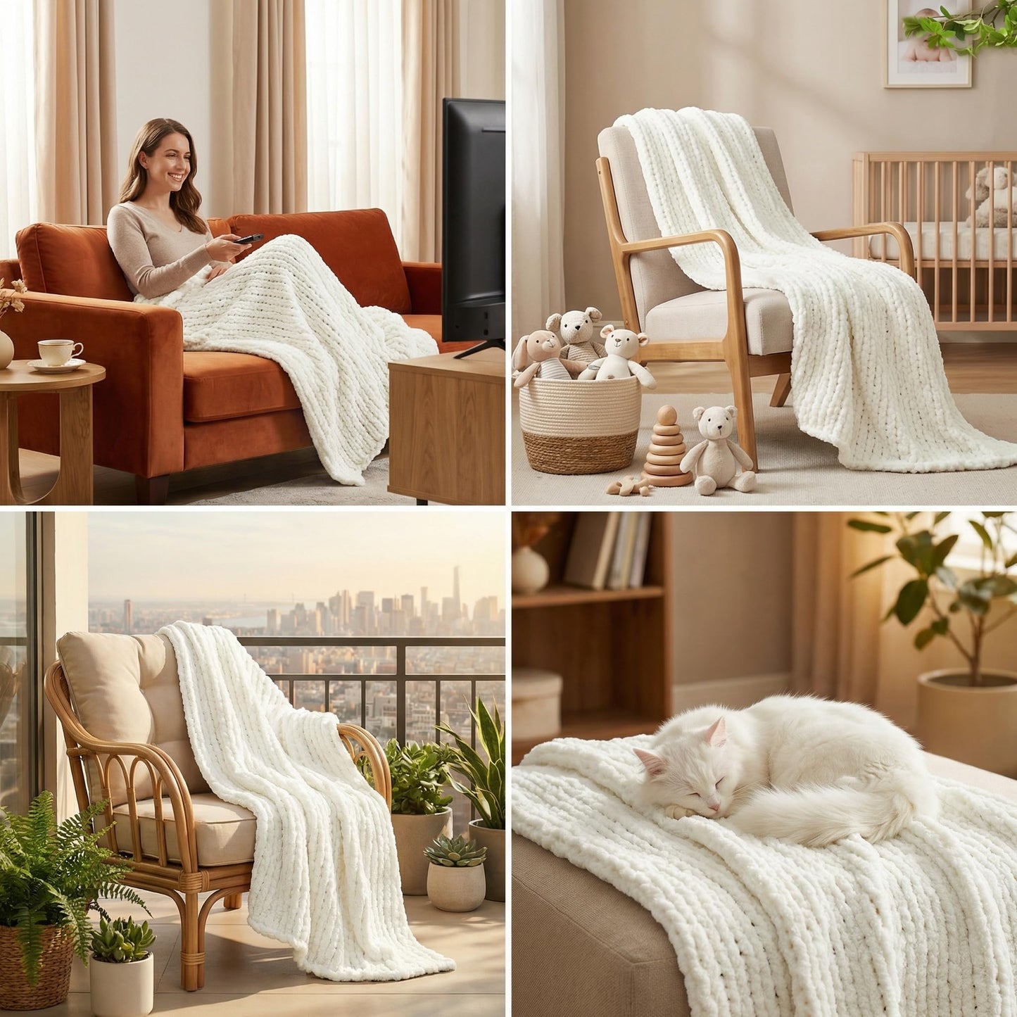 Amélie Home Chunky Knit Throw Blanket for Couch, Soft Chenille Handmade Crochet Throw Rope Knot Blanket for Children, 40"x50", Ivory