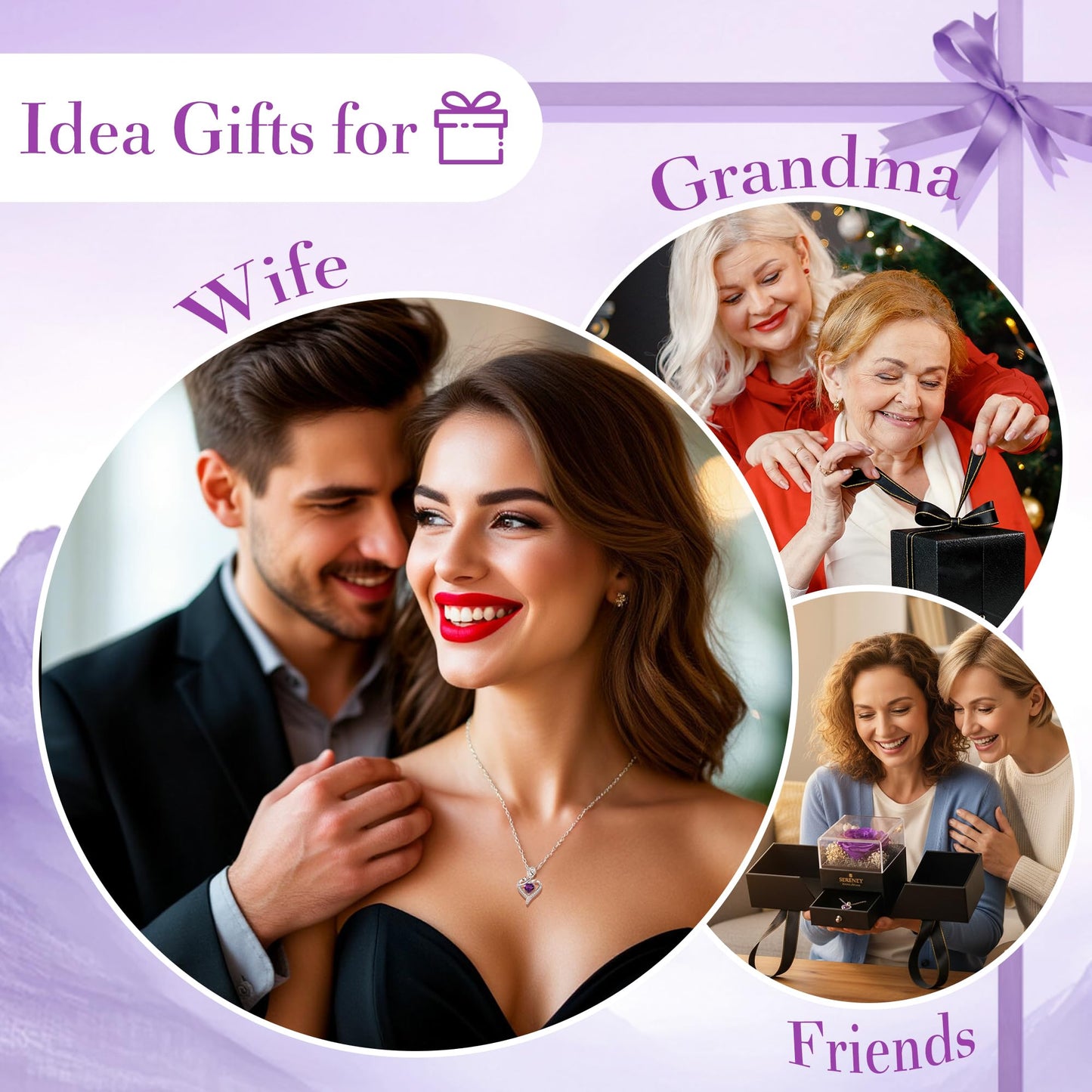 Sereney Preserved Purple Flower Rose with Necklace, Forever Flowers Eternal Rose with Purple Heart Jewelry Gifts for Women Mom Wife Grandma Friend as Anniversary Christmas Birthday Gifts