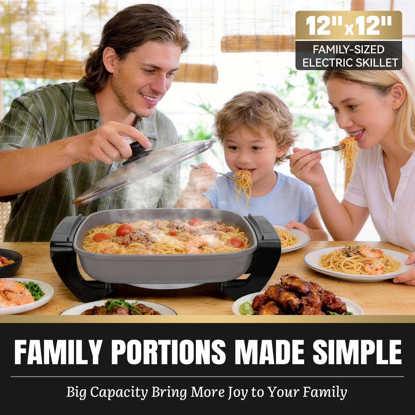 FineMade 12-inch Family Size Electric Skillet with Lid, Ceramic Skillet Electric, Square Skillet, Non Stick Electric Skillet Griddle Pan, PFAS-Free Temperature Control, 1500W, 6 QT, Gray