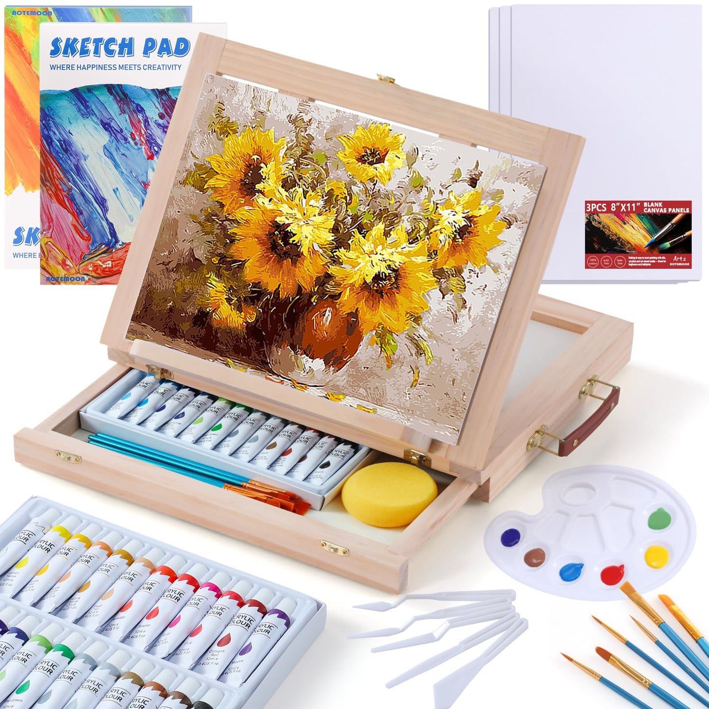 Wooden Tabletop Art Easel Set for Painting, 54 Pieces Starter Acrylic Paint Set with 24 Colors Acrylic Paints, Canvases, Sketch Pads, Brushes and Palette for Beginners Young Artists and Adults