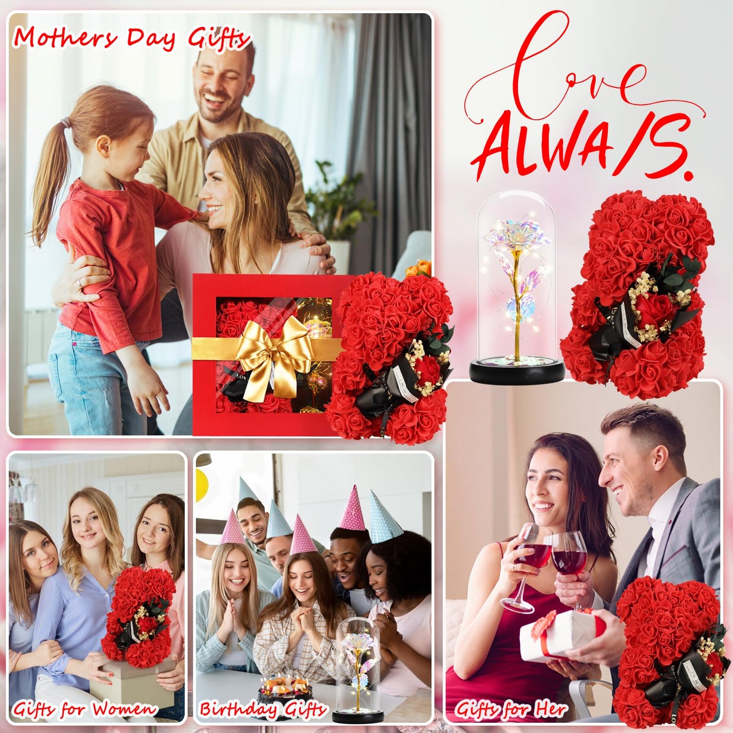 Mothers Day Rose Gifts for Mom Women Wife Girlfriend, Rose Bear & Beauty and the Beast-Inspired Rainbow Light-Up Roses Gift Set – Perfect for Valentine’s, Birthday Mother’s Day and Anniversary