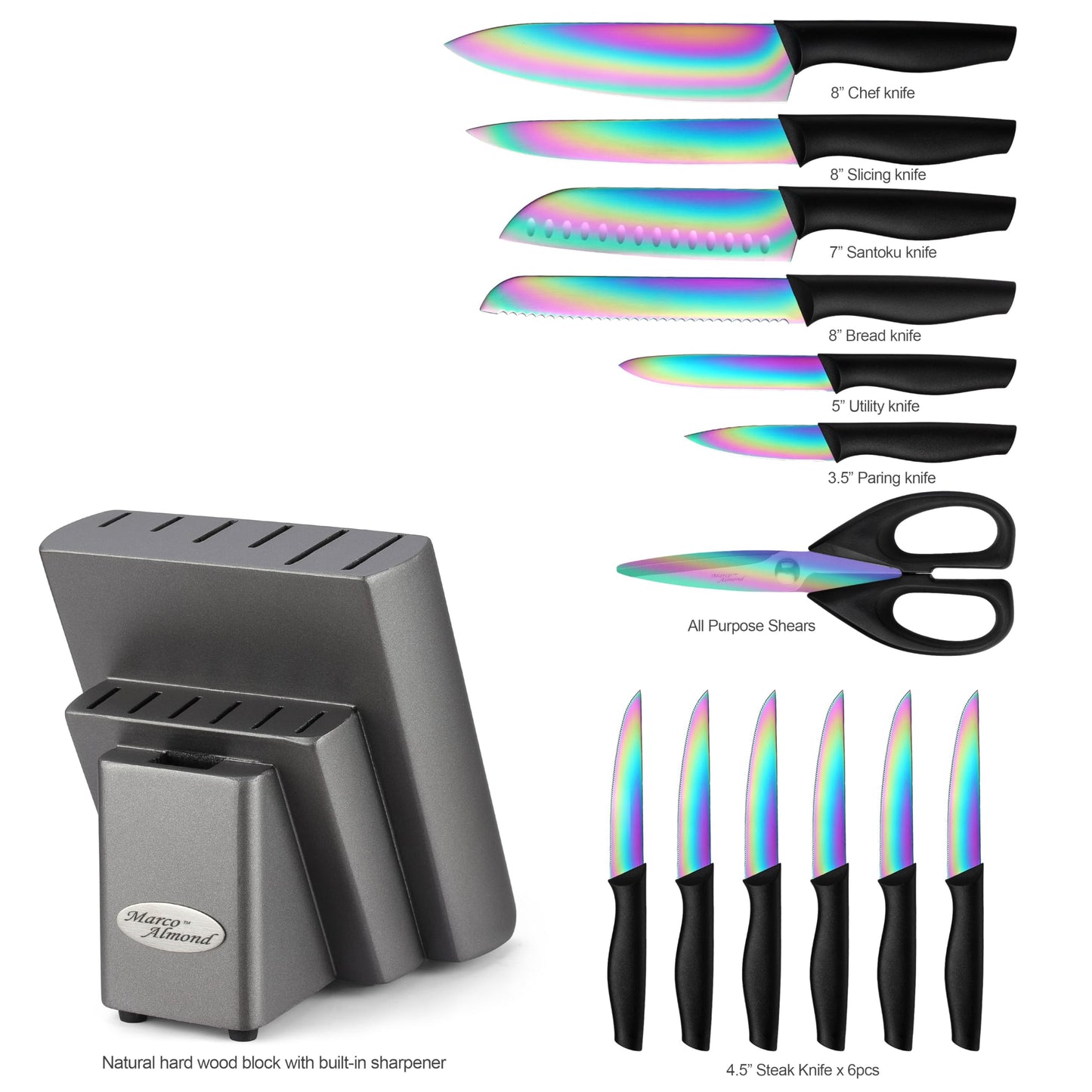 Marco Almond Knife Set with Block, 14 Piece Rainbow Titanium Knife Block Set, KYA25 Cooking Steak Knives set with Black Handle.
