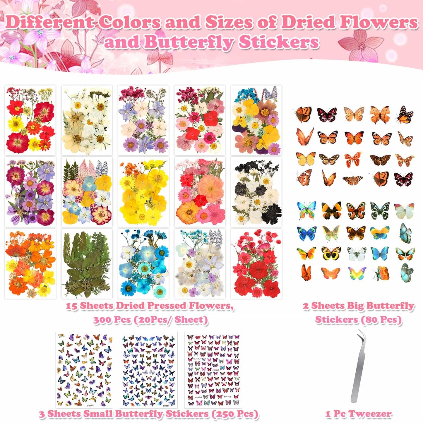 630 Pcs Dried Pressed Flowers with Butterfly Stickers for Crafts, Real Pressed Wildflowers Dry Leaves Bulk with Tweezer for Resin Jewelry Molds Candle Soap Making Scrapbook Bookmark Nails Decor