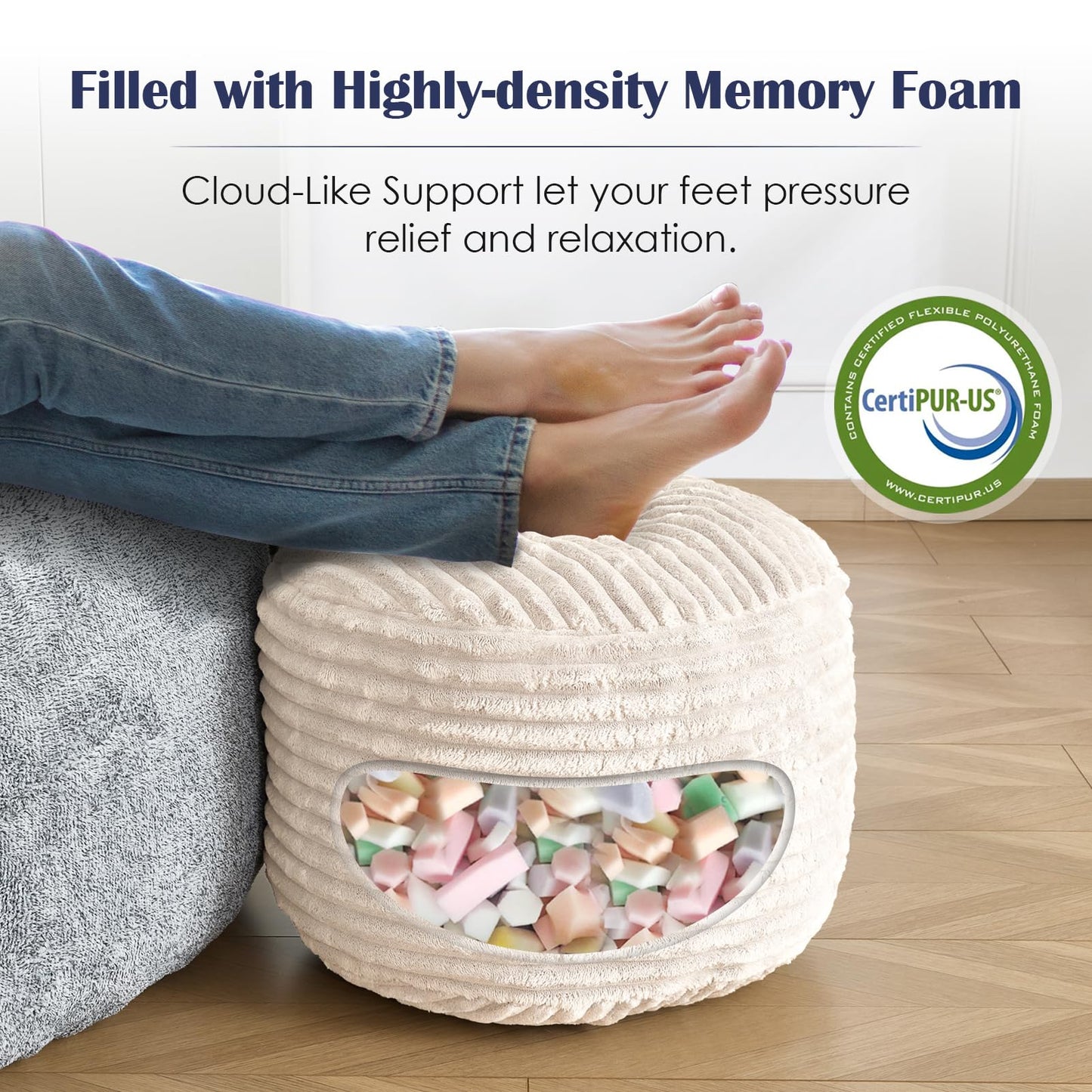 SHOUREN Stuffed Round Ottoman,Corduroy Pouf Ottoman Foot Rest with Foam Filling,Pouf Storage Ottoman Footstool for Living Room,20 X 15 Floor Poufs for Couch - 20 X 15 Inches,Beige