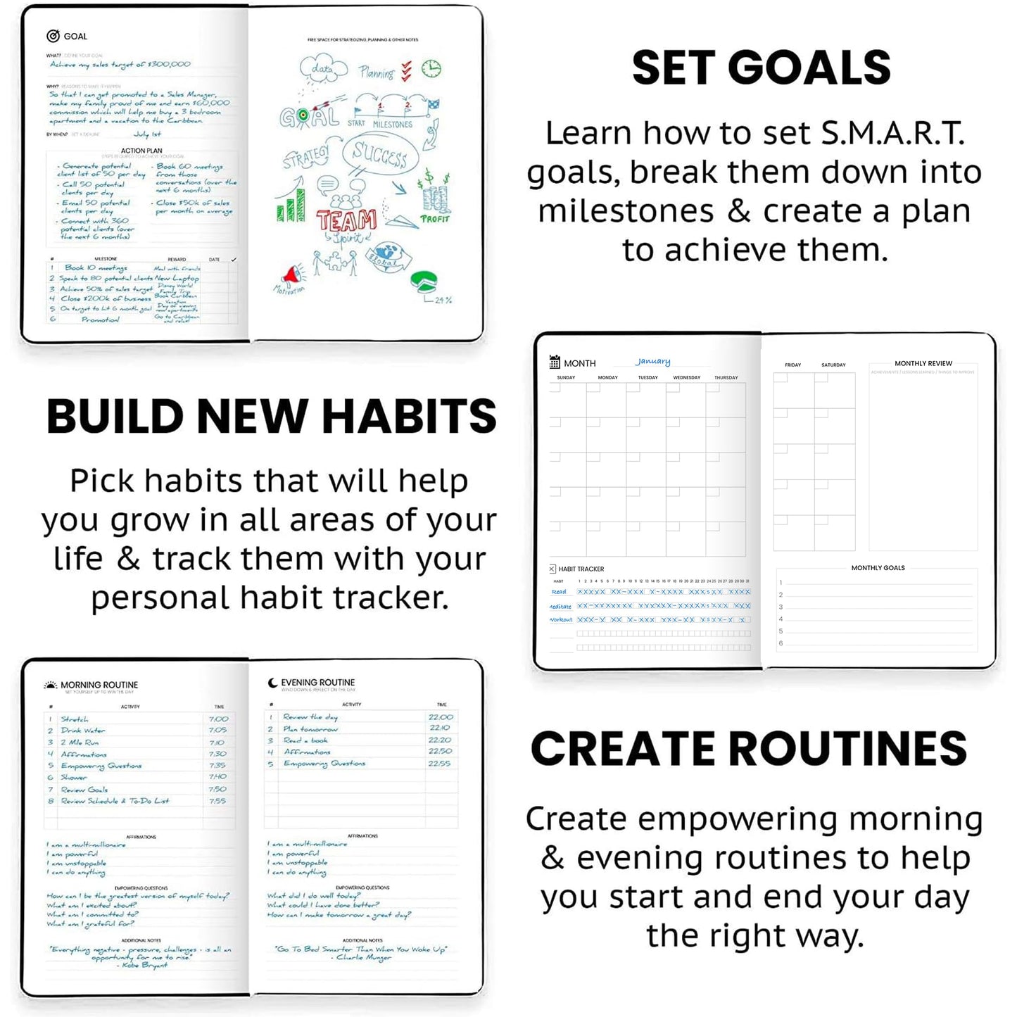 Wyze Planner Undated Daily Planner – 1-Year B5 Productivity Organizer with Two-Page Weekly Spread, ADHD Friendly, Goal Setting, Habit Tracker, Weekly & Monthly Pages – Hardcover Time Management Notebook (Black)