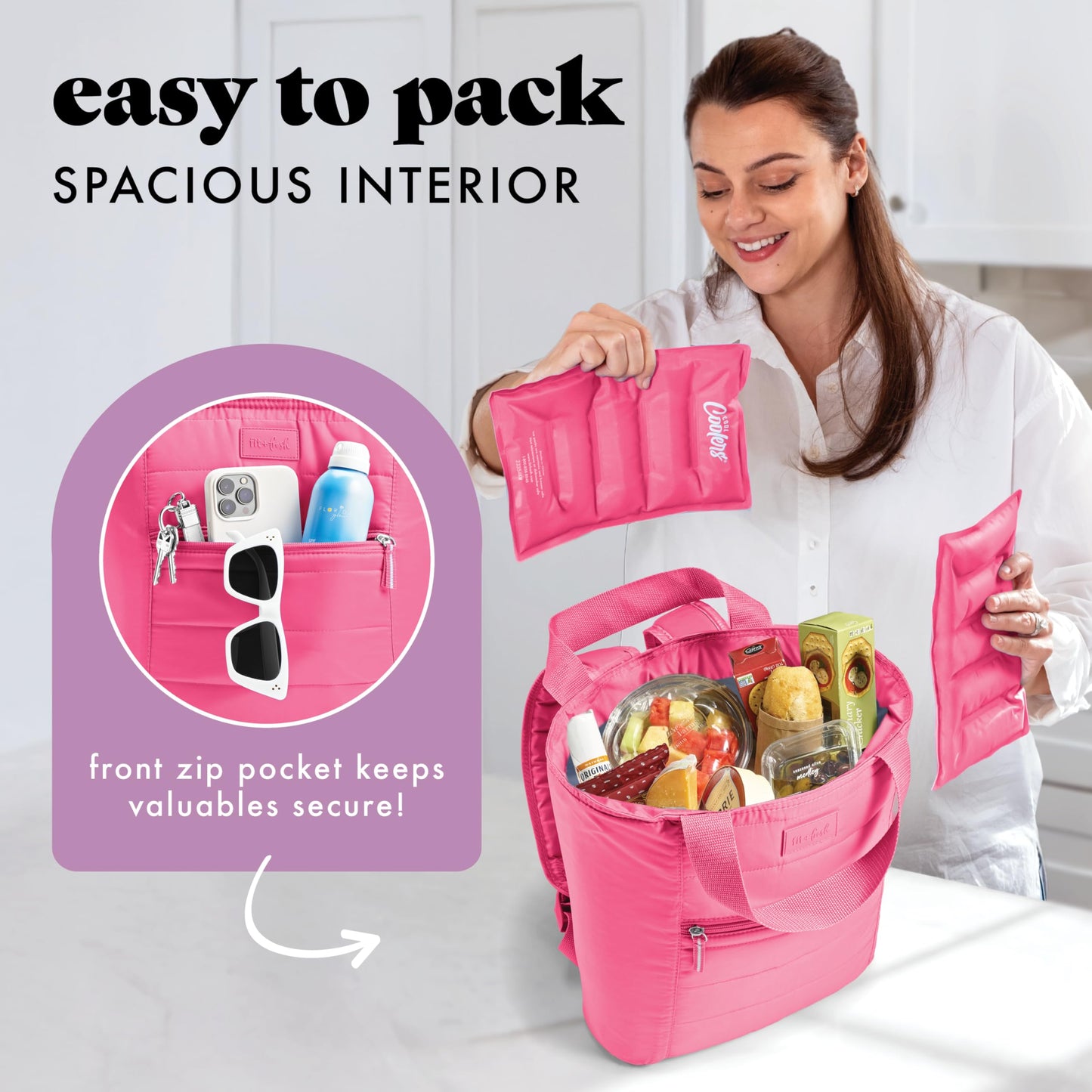 Fit & Fresh Mari Cooler Backpack for Women, Insulated Leakproof Soft Cooler Bag (12 Can), Lunch Tote, Beach Cooler, Lightweight Travel Picnic Tote, Hot Pink