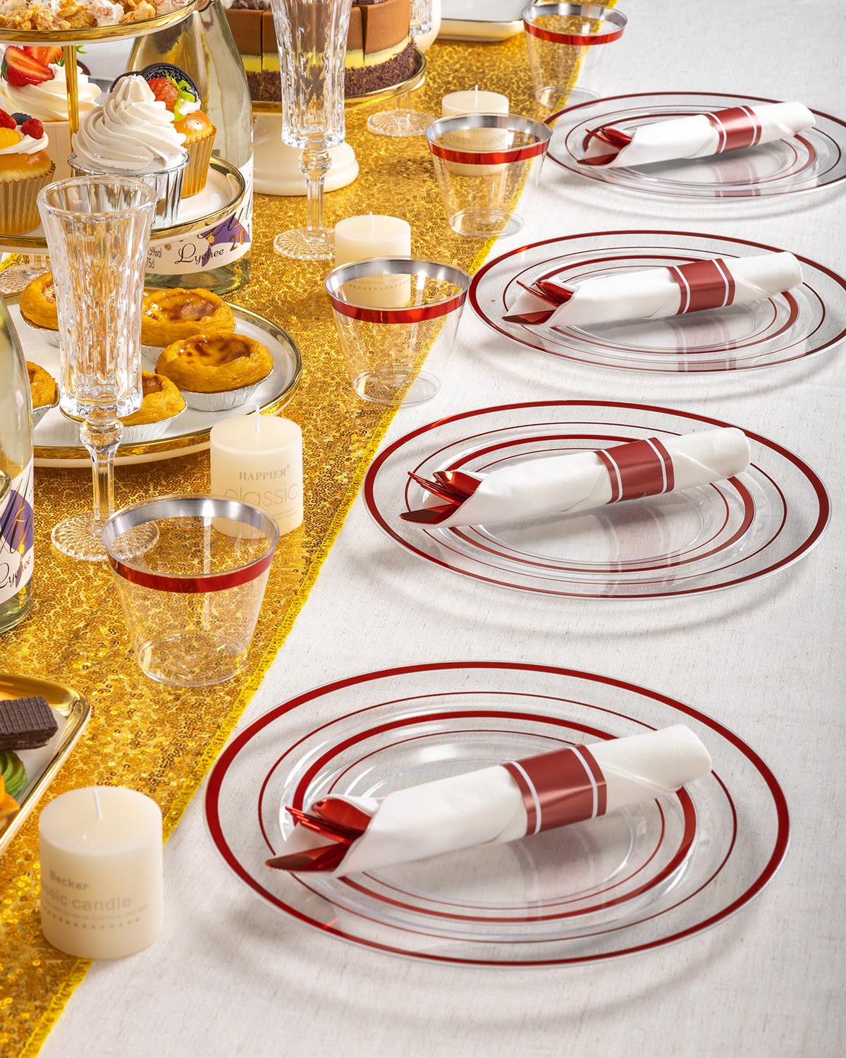 Goodluck 350 Pcs Red Plastic Plates, Clear Plastic Silverware Disposable Plates Set, Include 100 Plates, 50 Pack Pre Rolled Napkins with Silverware, 50 Cups for Party, Christmas, Graduation, Wedding