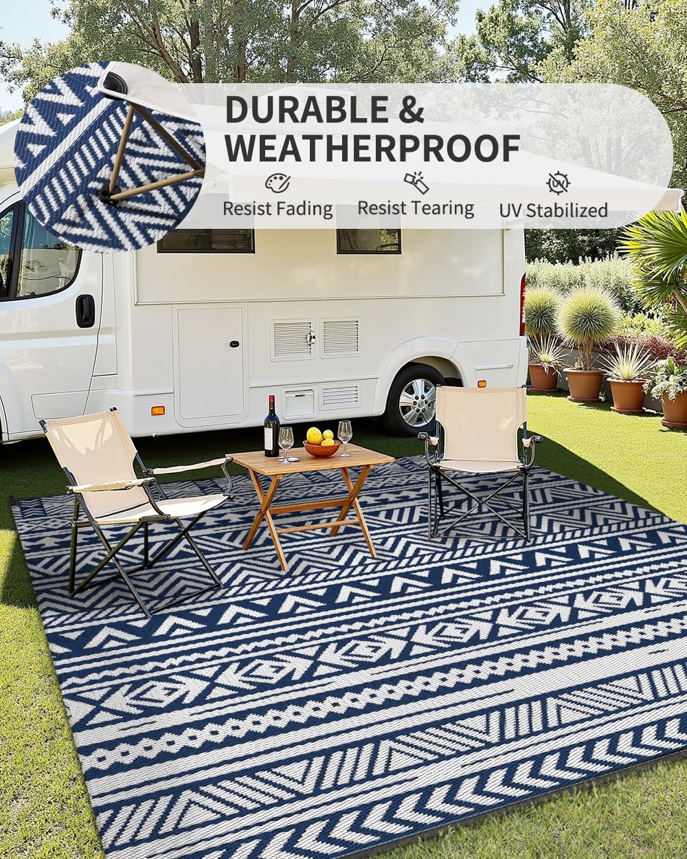 MontVoo-Outdoor Rug Carpet Waterproof 5x8 ft Reversible Patio Rug RV Camping Rug-Plastic Straw Rug Outside Indoor Outdoor Area Rug for Patio Deck Balcony Picnic Beach Outdoor Decor Boho Navy Blue