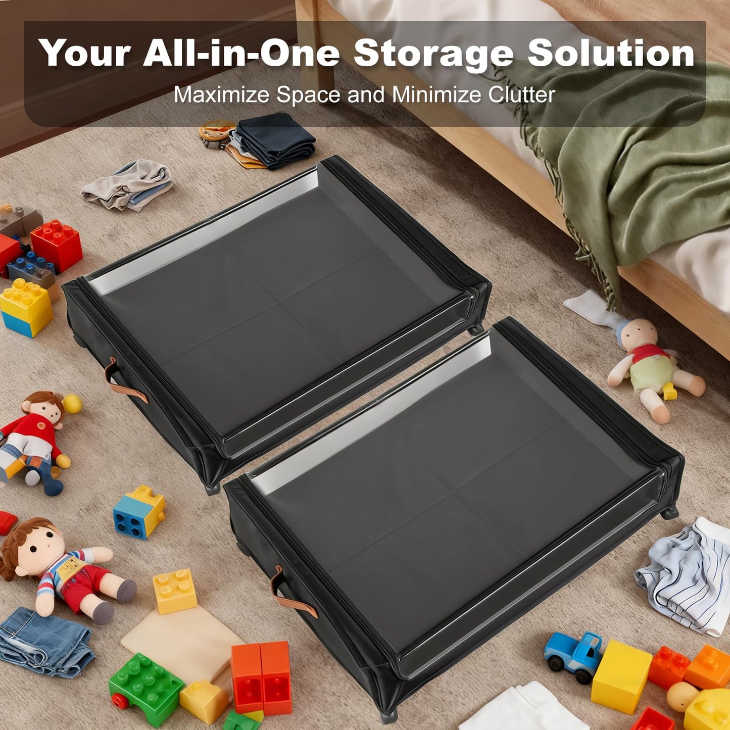 LIJIAI 80L Larger Under Bed Storage with Wheels, 2-Pack XXL Underbed Shoe Storage with Clear Lid, Easy Pull-out Rolling Under Bed Storage Containers, Underbed Storage Bins for Clothes, Shoes, Black