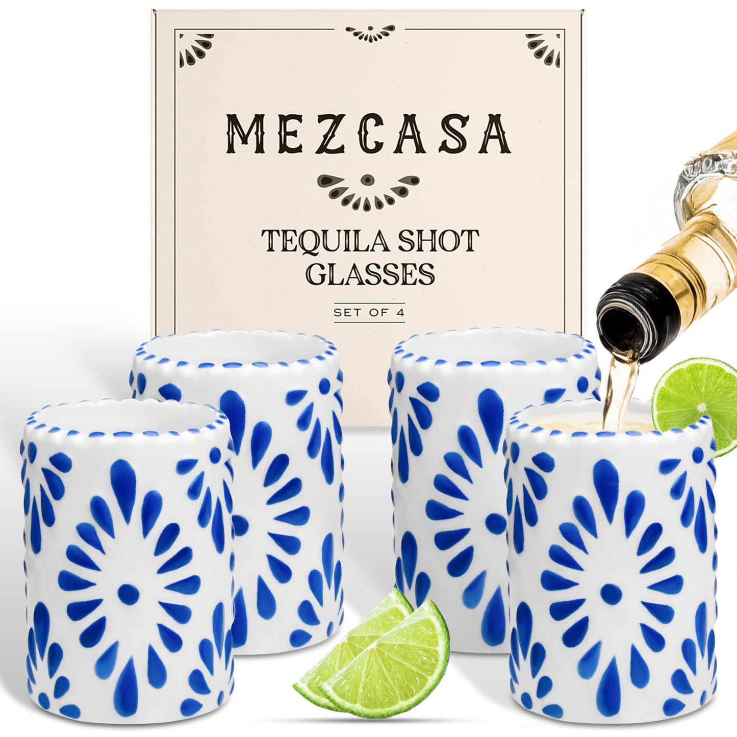 MEZCASA Talavera Shot Glasses — 100% Handmade Ceramic Tequila Shot Glasses with Talavera Mexican Pottery Design — Perfect Tequila Gifts for Women & Men for Any Occasion (BLUE | SET OF 4)