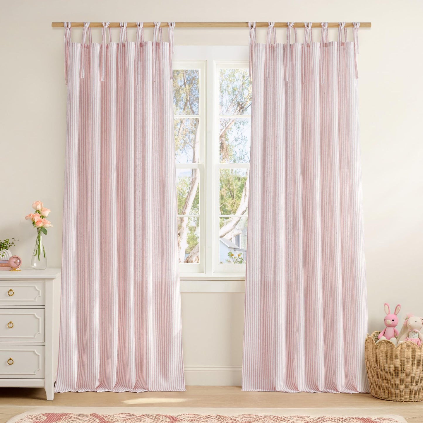 NICETOWN Pink Linen Curtains for Girls Room, Tie Top Stripe Pattern Light Filtering Semi Sheer Window Treatments DIY Crafted Privacy for Bedroom, W52 x L84, 2 Panels