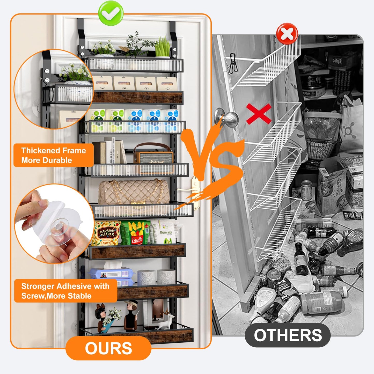 8 Tier Pantry Door Organizer Spice Rack, 2-IN-1 Wall Mount or Hanging Over Door Seasoning Organizer with Adjustable Baskets, Heavy Duty Behind Door Storage Shelves for Pantry, Cabinet and Kitchen