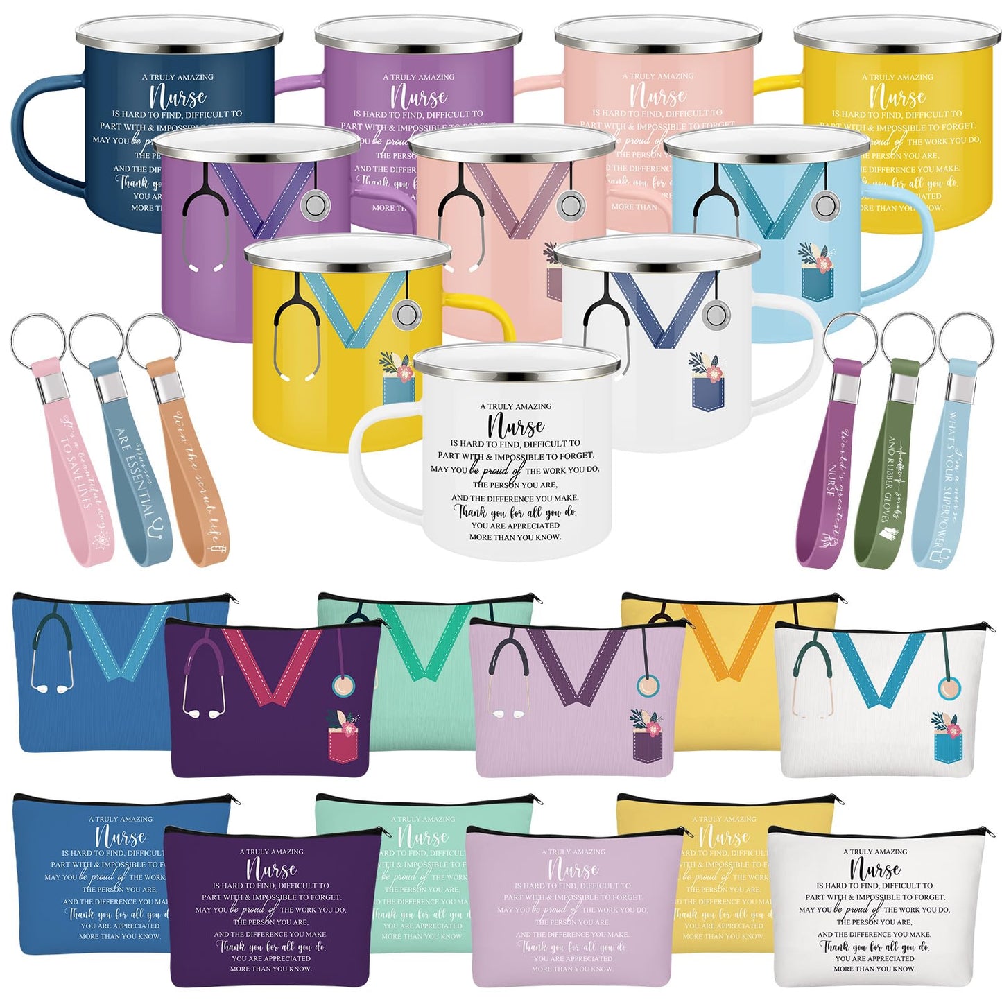 Hushee Nurse Gift CNA Week 2026 Appreciation Gift Include 12 Oz Enamel Mug Stethoscope Sign Designs Makeup Bag Silicone Keychain for Nursing Medical Assistant Thank You Stuffer(18 Pcs,Classic)