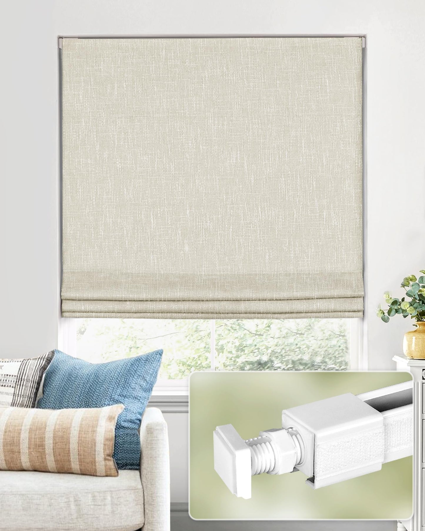 No Tools No Drill Cordless Roman Shades for Indoor Windows 100% Blackout, for Window Size 34" W × 64" H Beige