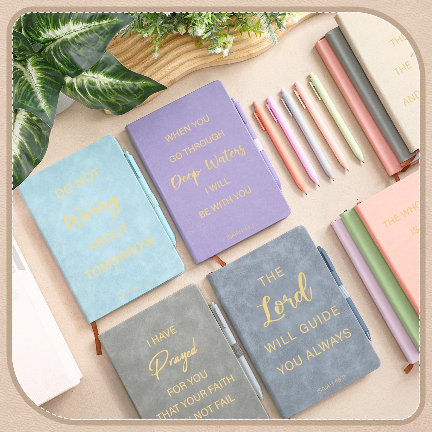 Thenshop 20 Pcs Christian Gifts for Women Bulk 10pcs Pastel Leather Christian Journals for Women Bible Notebooks with 10pcs Neutral Pens Inspirational A5 Prayer Journals for Church Gift