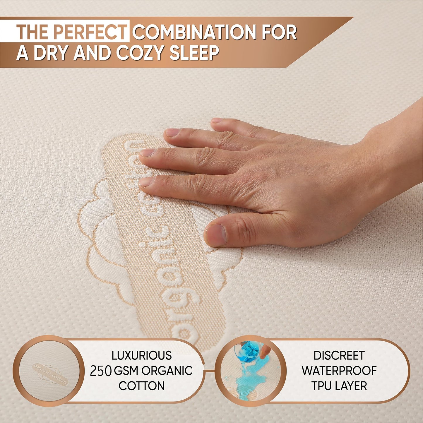 Waterproof Organic Mattress Protector Queen Size – Premium Soft Organic Cotton Surface Mattress Cover – Noiseless & Breathable 250 GSM Mattress Pad – Deep Pocket Fitted Design