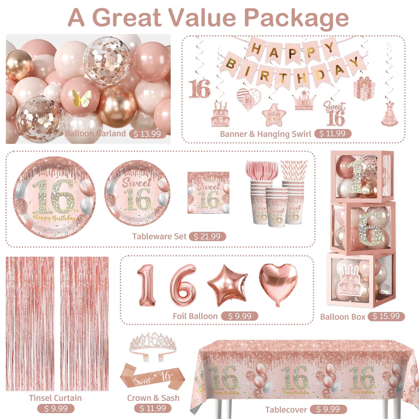 Cocomigo 241pcs Sweet 16 Party Decorations, Complete 16th Birthday Decorations for Girls Sweet 16 Sash Pink Rain Curtains Suitable for Photos at 16th Party, Sturdy 300gsm Paper Plates Serves 25